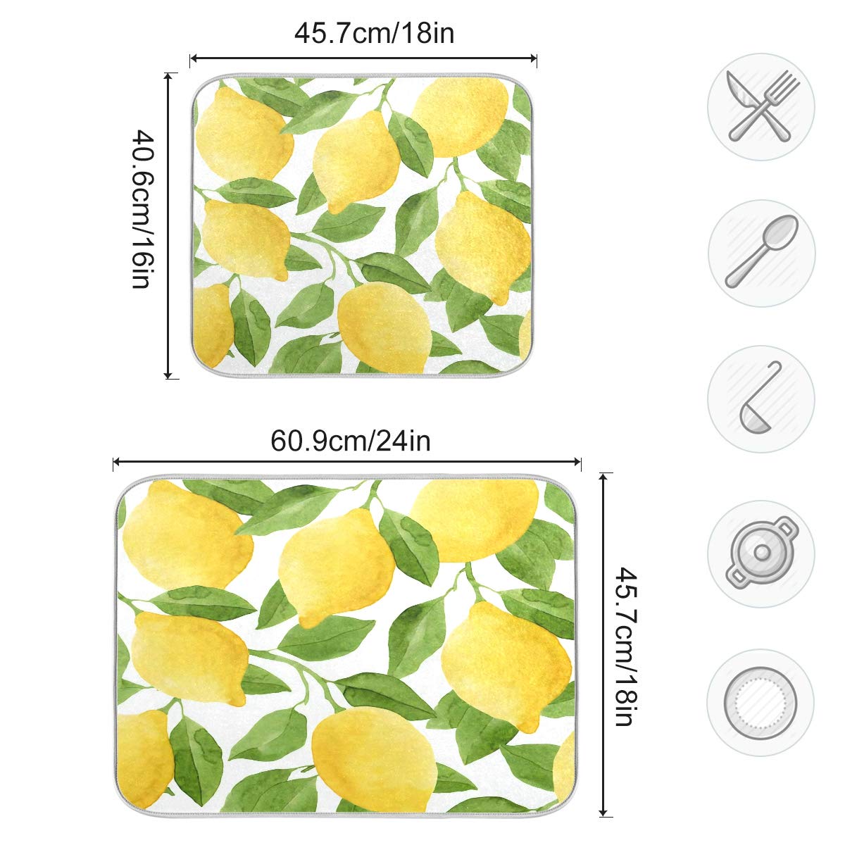 Lemon Dish Drying Mat 18x24 Inch - Reversible Sink Mat for Kitchen Counter & Drying Dishes
