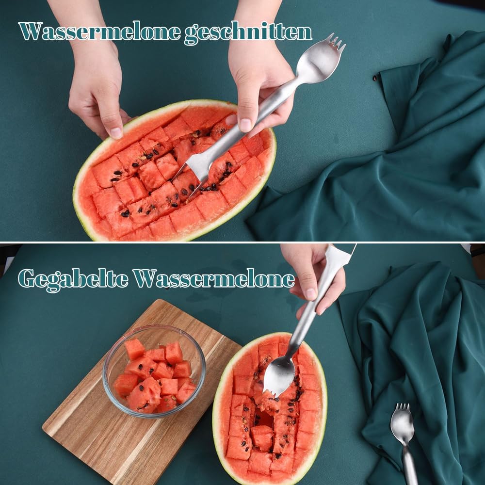 2024 Upgraded 2-in-1 Stainless Steel Fruit Cutter & Slicer - Dual Head Watermelon Fork & Knife Tool for Easy Fruit Cutting - Perfect for Picnics, BBQs, and Kitchen Prep (1 Piece)