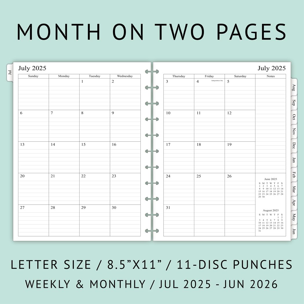 2025-2026 Weekly Planner Refill Pages for 11-Discbound Notebooks | July 2025 - June 2026 Calendar | Monthly Tabs & 11-Disc Punch Holes | Letter Size 8.5
