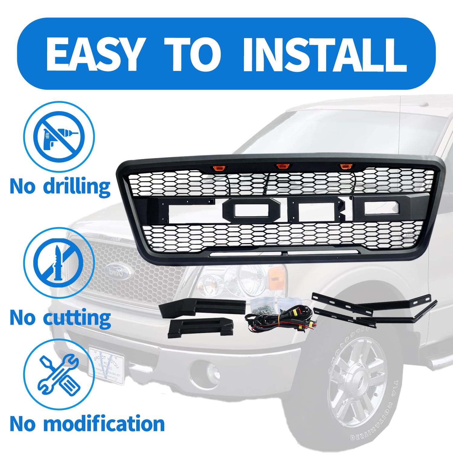 Ford F150 Front Grille Replacement 2004-2008 | Raptor Style Mesh Grill with 3 Amber LED Lights | Matte Black | Perfect for Off-Roading & Truck Customization