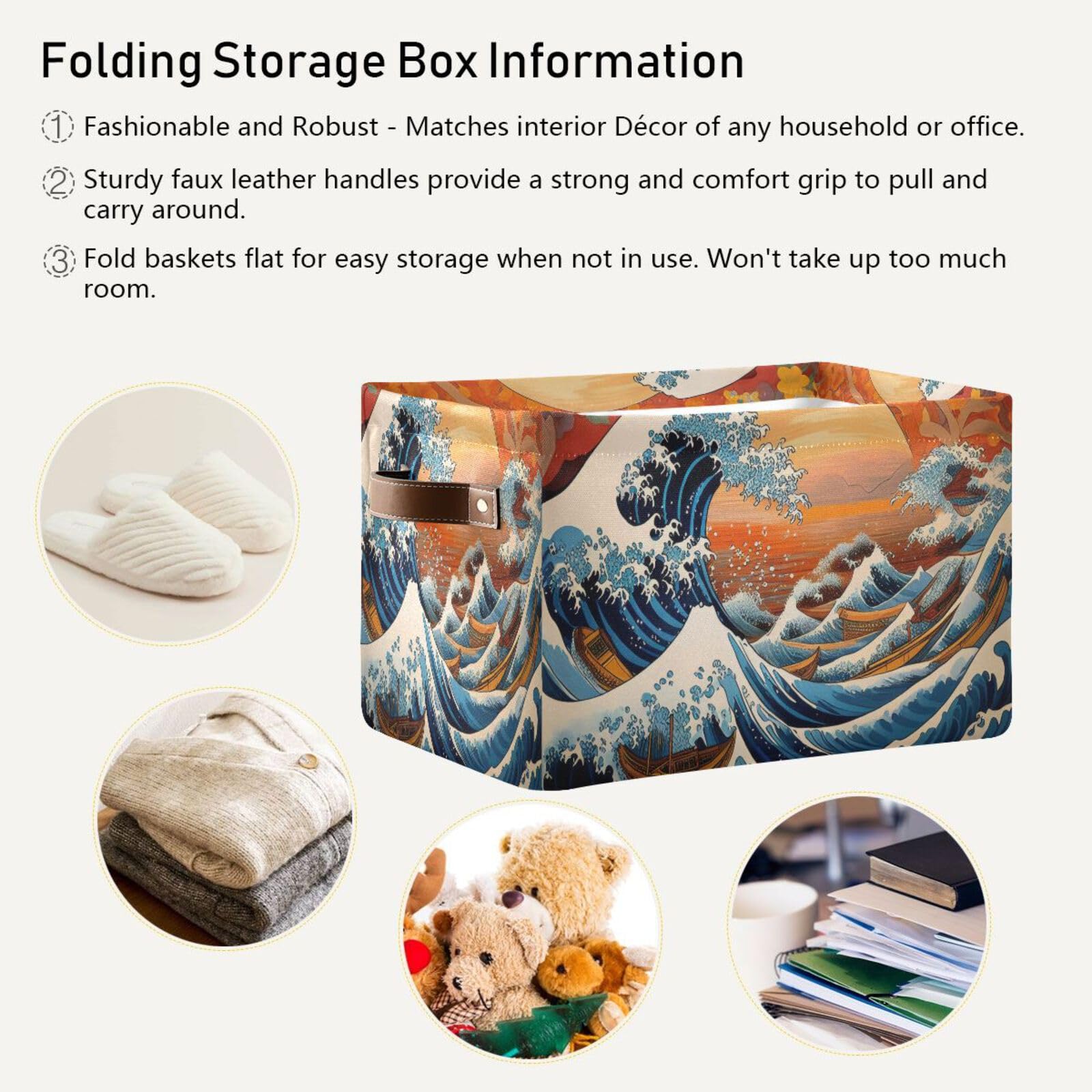 2-Pack Japanese Fabric Storage Bins with Handles - Kanagawa Wave Pattern Closet Organizer Baskets for Clothes, Toys & Home Organization | Perfect for Bedroom, Nursery & Laundry Room Storage