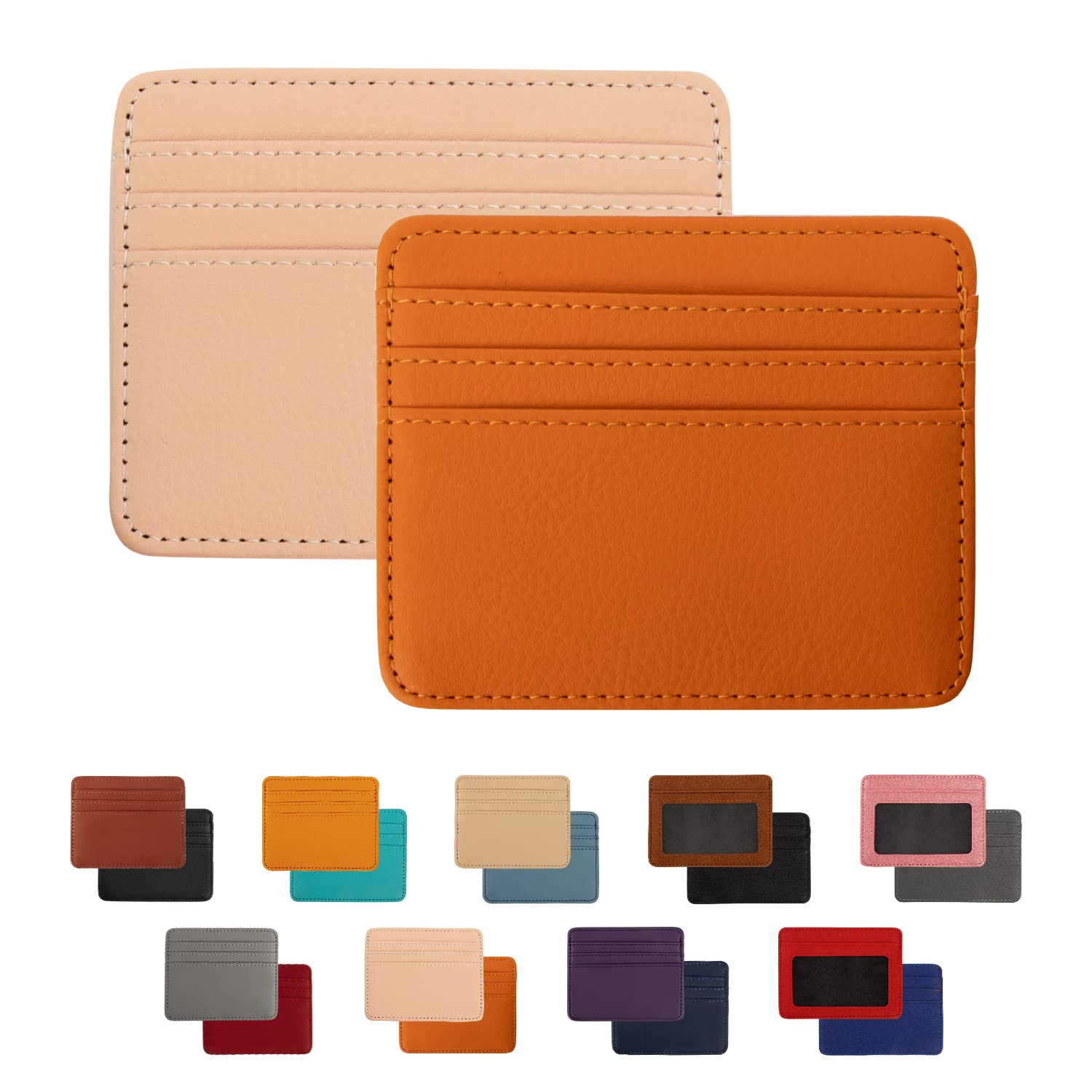 2 Pack Ultra Slim Minimalist Wallet for Men & Women - RFID Blocking PU Leather Business Card Holder & Credit Card ID Case - Front or Back Pocket Wallet (Orange + Pink) - Perfect for Travel, Work & Everyday Use