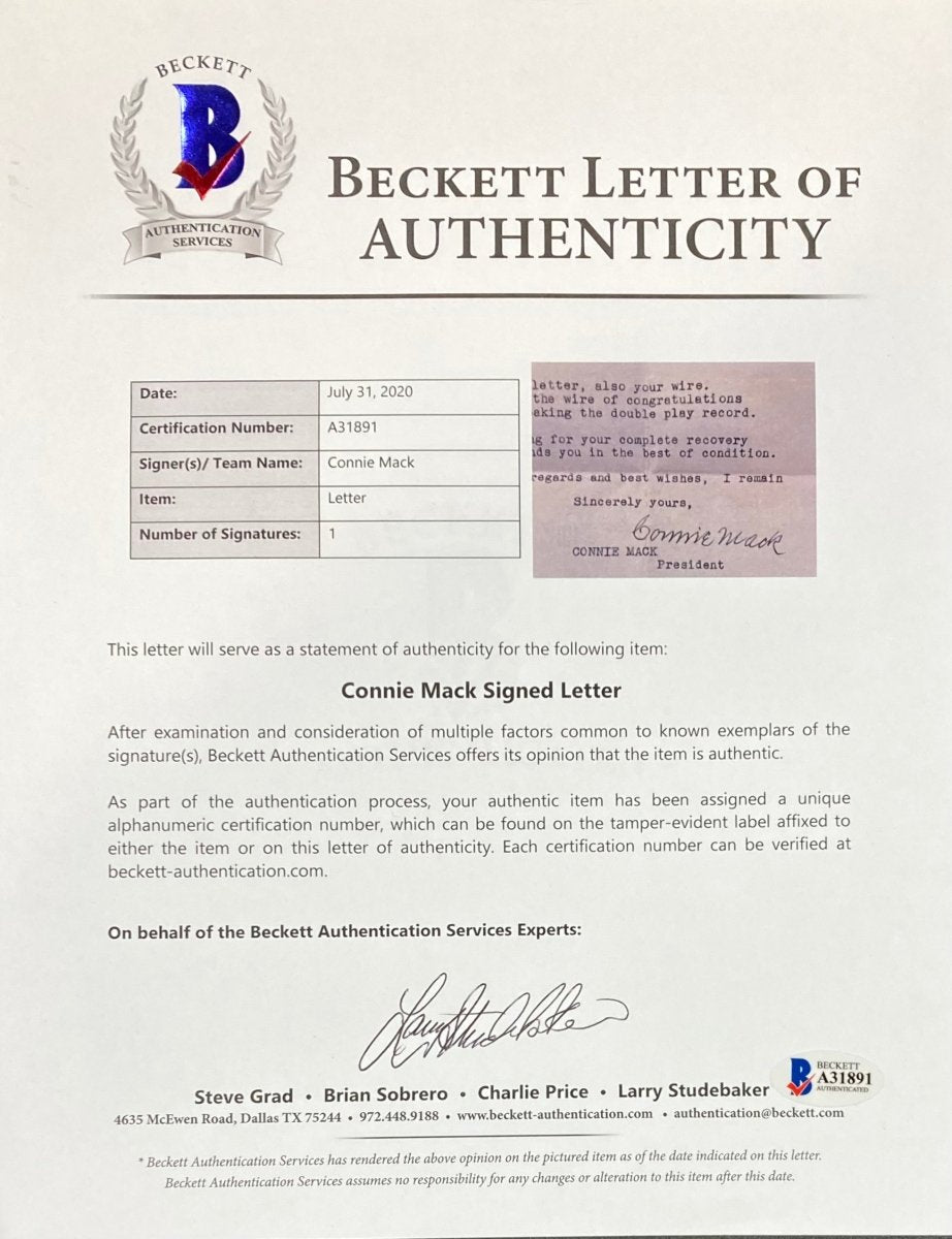 Authentic Connie Mack Philadelphia Athletics Signed Handwritten Letter BAS A31891 - Perfect for Baseball Memorabilia Collectors & Sports History Enthusiasts