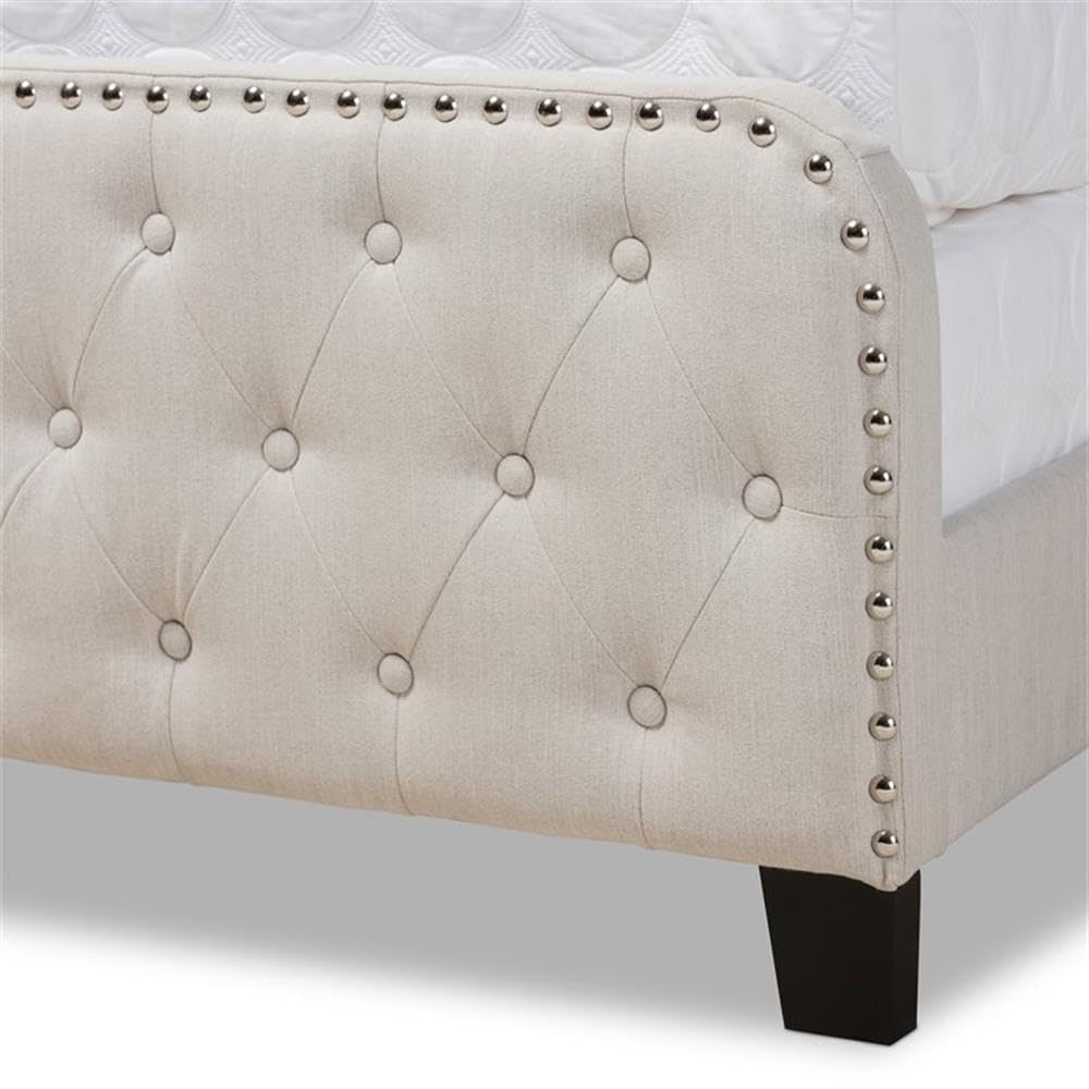 BOWERY HILL Full Size Beige Upholstered Button Tufted Panel Bed Frame - Queen Size Upholstered Platform Bed with Tufted Headboard for Modern Bedroom Decor