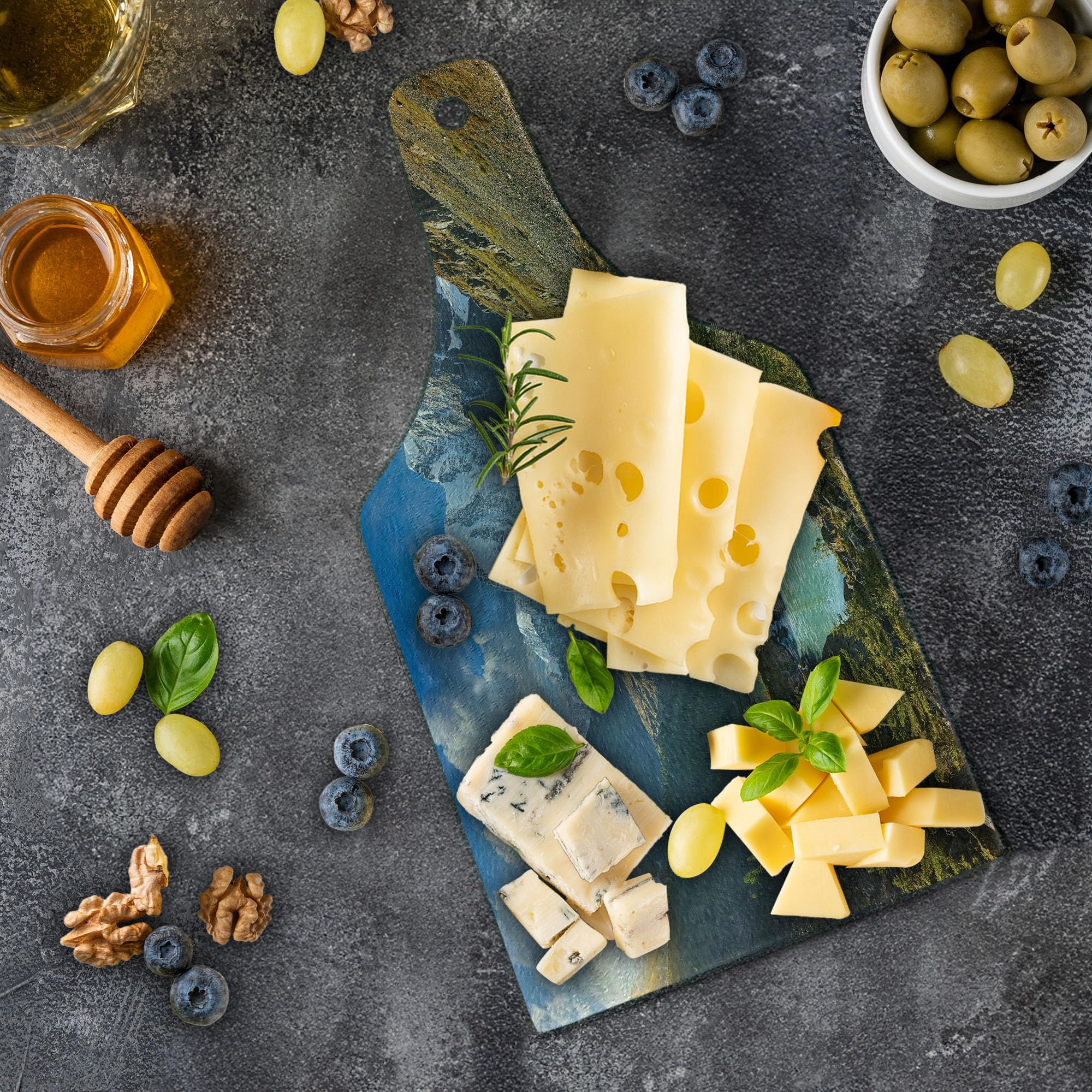 Lunarable Altai Mountains Chuya Ridge Lake Russia Siberia Sunbeams Morning Sky View Tempered Glass Cutting Board - Wine Bottle Shaped Serving Board in Brown Blue White - Perfect for Kitchen Decor, Charcuterie Display & Wine Pairing Parties