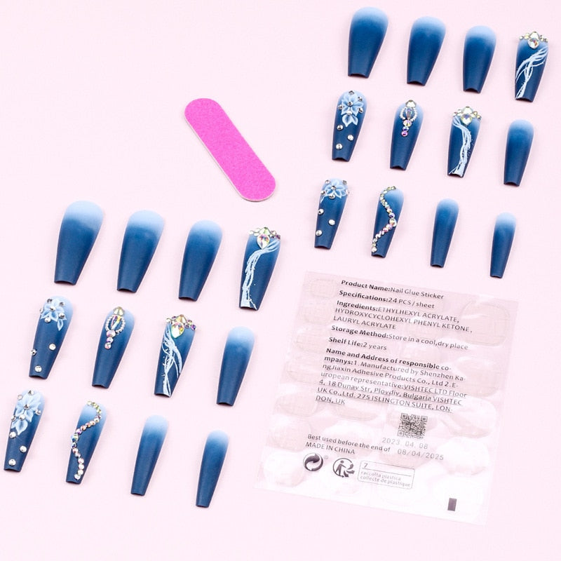 5D Long Fake Nails Set - Gradual Camellia Glitter Diamond French Coffin Ballet Tips Press On False Nails | Perfect for Parties, Weddings, Prom & Special Occasions