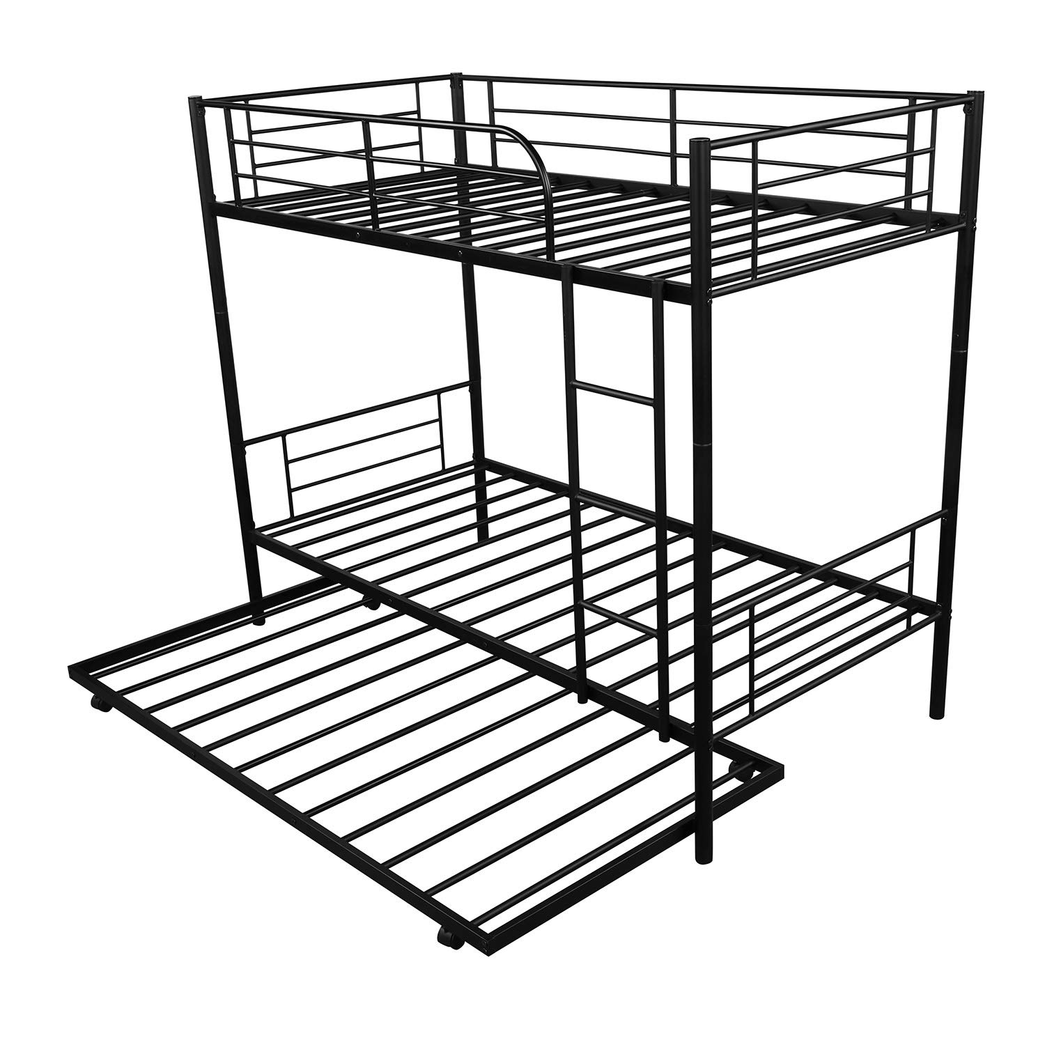 Danxee Twin Over Twin Modern Metal Pipe Bunk Bed with Trundle - Sturdy Guard Rail & Ladder - Space-Saving Kids Bedroom Furniture (Black) - Perfect for Small Rooms, Sleepovers & Guest Rooms