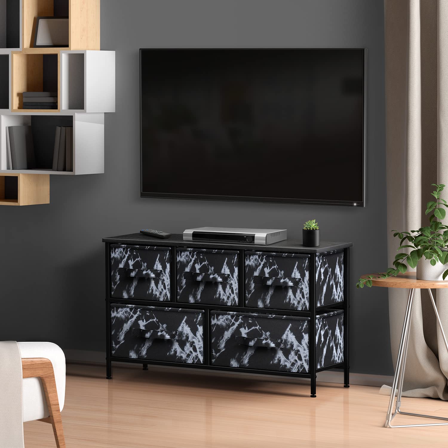 Sorbus 5-Drawer Dresser with Steel Frame & Wood Top - Fabric Bin Storage Organizer for Bedroom, Hallway, Closet & Office - Wide TV Stand with Easy Pull Drawers | Perfect for Small Space Organization & Home Decor