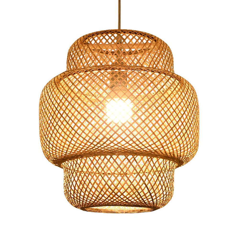 Vintage Industrial Pendant Light with Bamboo Rattan Woven Shade - Natural Wood Hanging Lamp with E27 Socket for Dining Room, Living Room, Cafe & Hallway - Perfect for Farmhouse, Boho & Industrial Decor