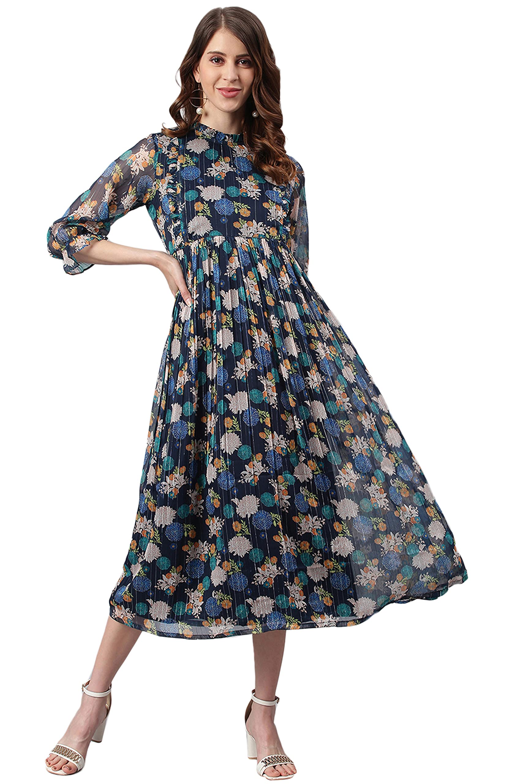 Janasya Indian Women's Navy Blue Floral Printed Georgette Western Dress for Party, Wedding & Festive Occasions | Elegant Ethnic Wear for Women
