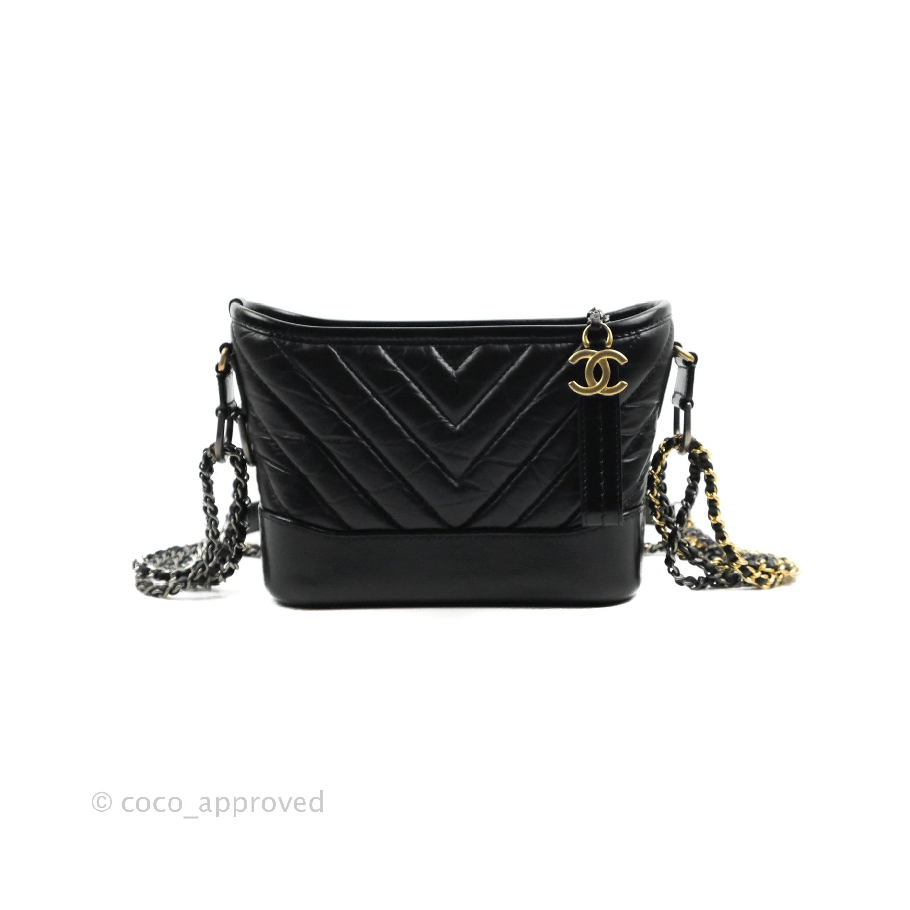 Chanel Small Gabrielle Hobo Bag in Black Calfskin with Chevron Pattern & Mixed Hardware - Perfect for Everyday Use, Work & Special Occasions