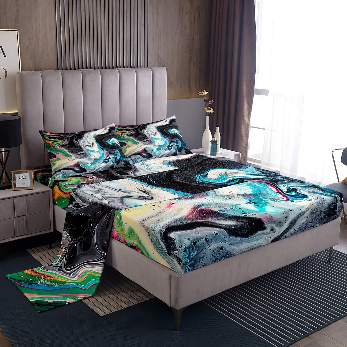 Erosebridal Black Marble Fitted Sheet Set - Psychedelic Watercolor Queen Bedding with Abstract Teal Grey Marble Pattern (1 Fitted Sheet, 1 Flat Sheet, 2 Pillowcases) for Modern Bedroom Decor & Luxury Hotel Style