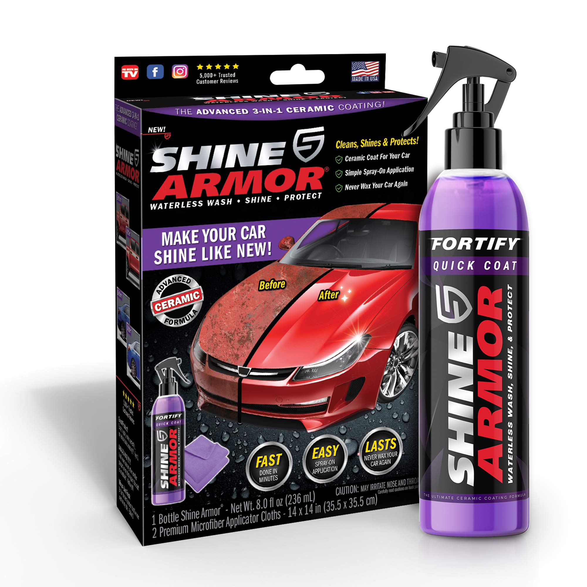 SHINE ARMOR Fortify Quick Coat High Performance Ceramic Coating Spray - Car Wax & Hydrophobic Polish with Polymer Sealant for Vehicle Paint, Leather Seats, Tires, Bumpers & Rims - Long-Lasting Protection & Shine - Perfect for Car Detailing, Showroom Finish & Daily Maintenance (Made in USA)