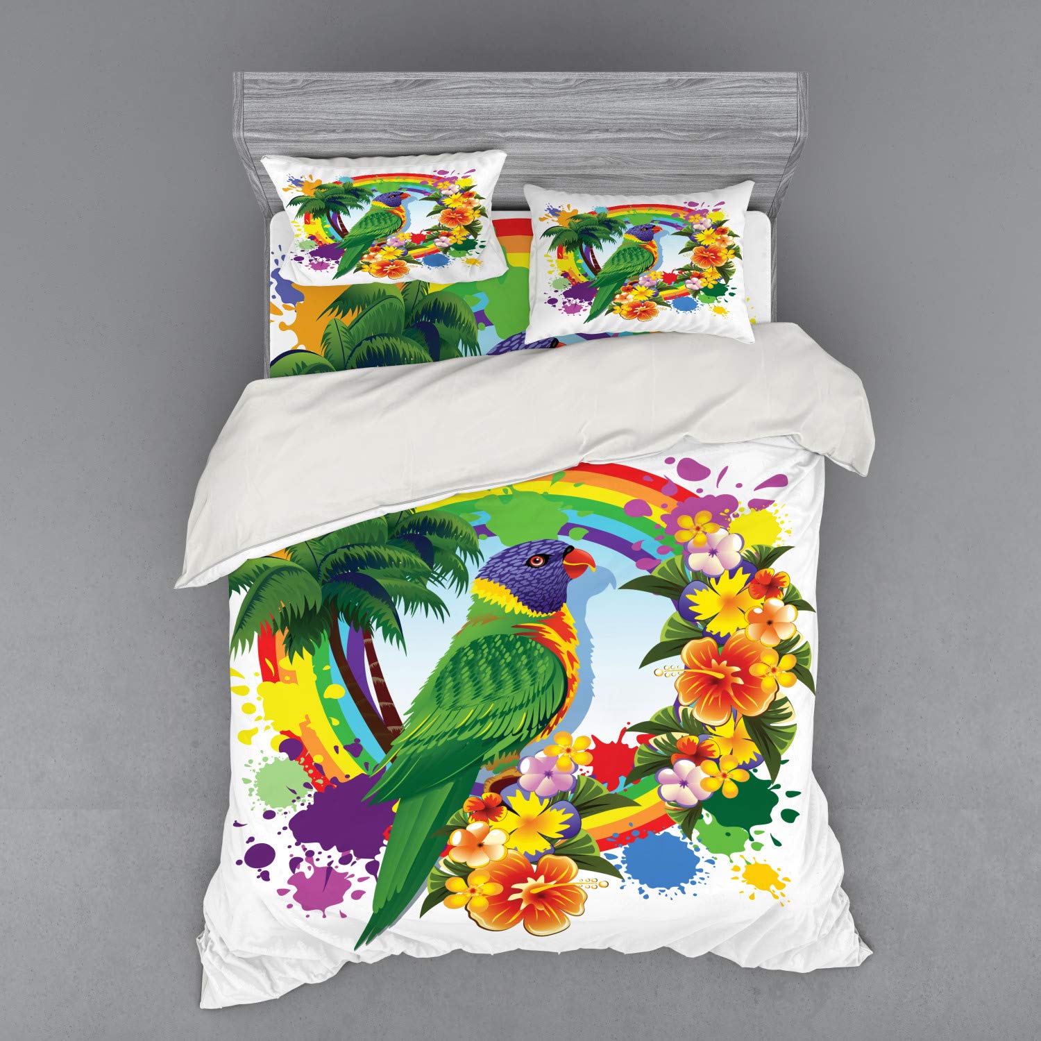 Ambesonne Parrot Duvet Cover Set - Queen Size 4-Piece Tropical Bedding with Lorikeet & Palm Trees Design, Multicolor Rainbow Circle Print - Includes Shams & Fitted Sheet for Vibrant Bedroom Decor | Perfect for Beach House, Boho Chic or Tropical Themed Bedrooms