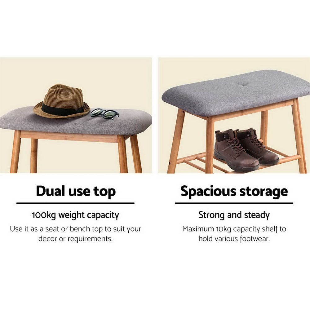 Bamboo Shoe Rack Bench with Storage Shelf - Grey Entryway Organizer for Shoes, Hats & Bags | Perfect for Hallway, Mudroom or Closet Organization