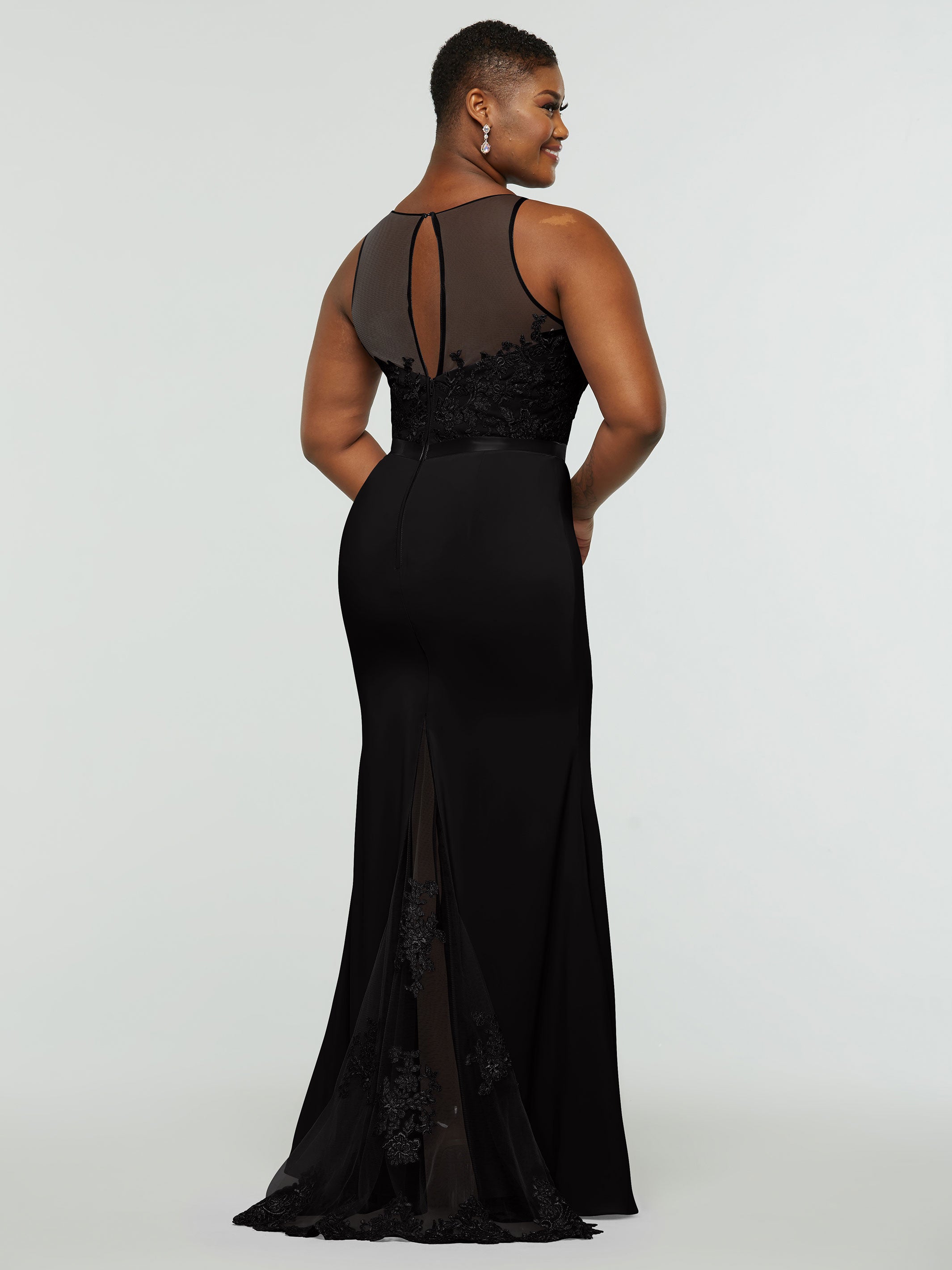 Elegant 80095 Stretch Chiffon Fit and Flare Bridesmaid Dress with Lace Illusion Bodice - Perfect for Weddings, Formal Events & Special Occasions