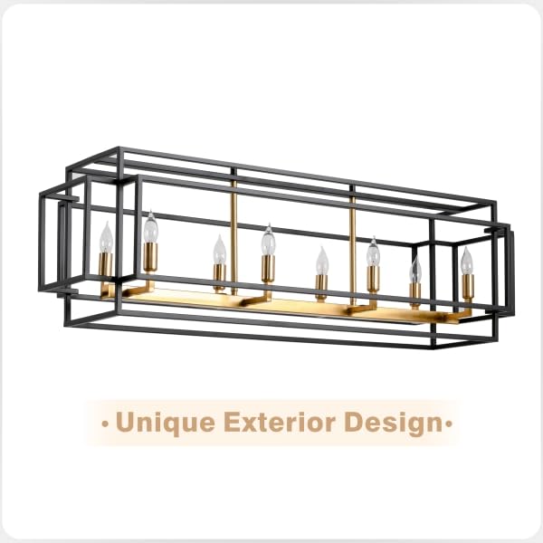 8-Light Black and Gold Rectangle Chandelier - Modern Farmhouse Kitchen Island Lighting with Brushed Brass Sockets - Perfect for Dining Room, Breakfast Nook, and Over Table Lighting