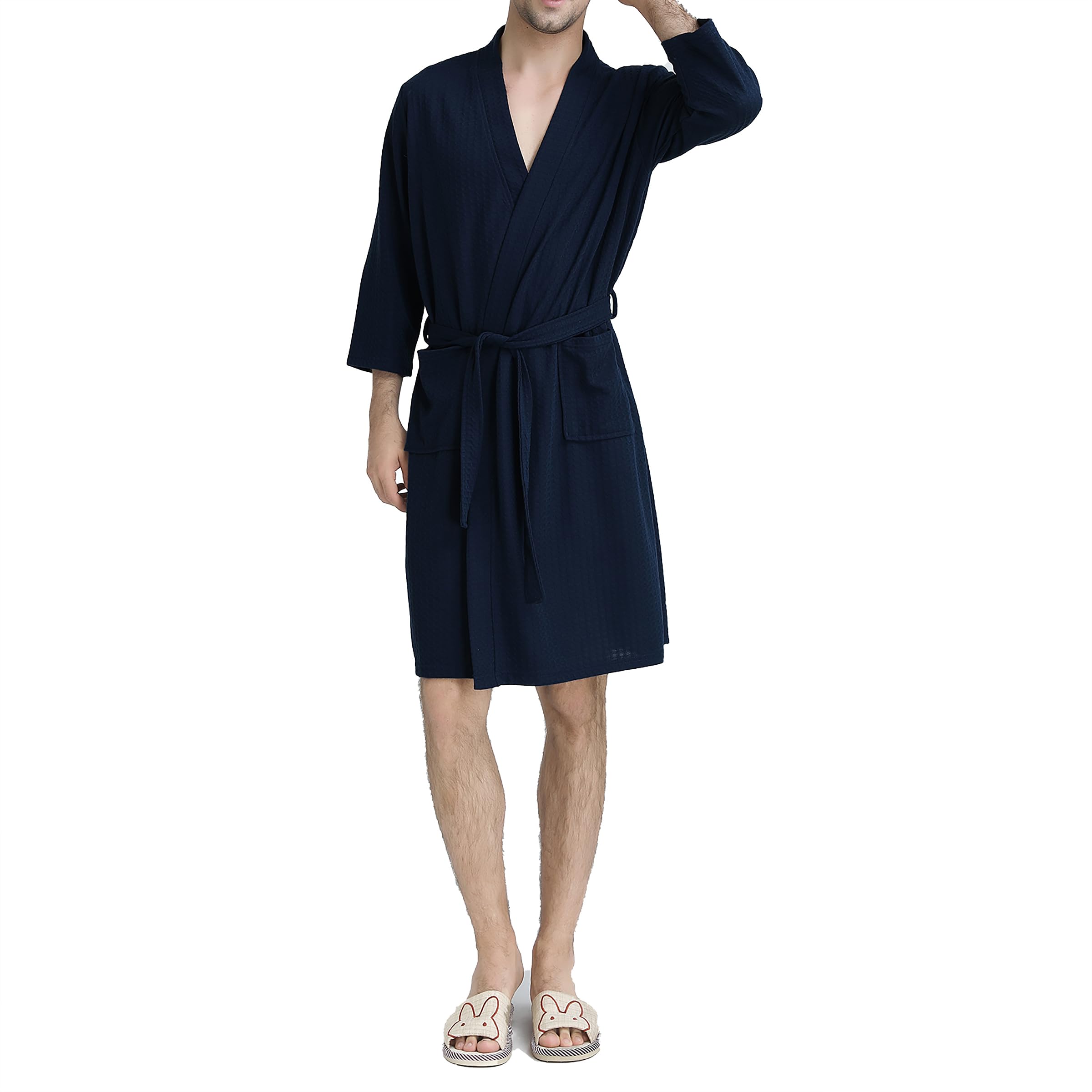 Men's Lightweight Waffle Kimono Bathrobe - Knee Length Spa Robe for Shower, Lounge & Relaxation at Home