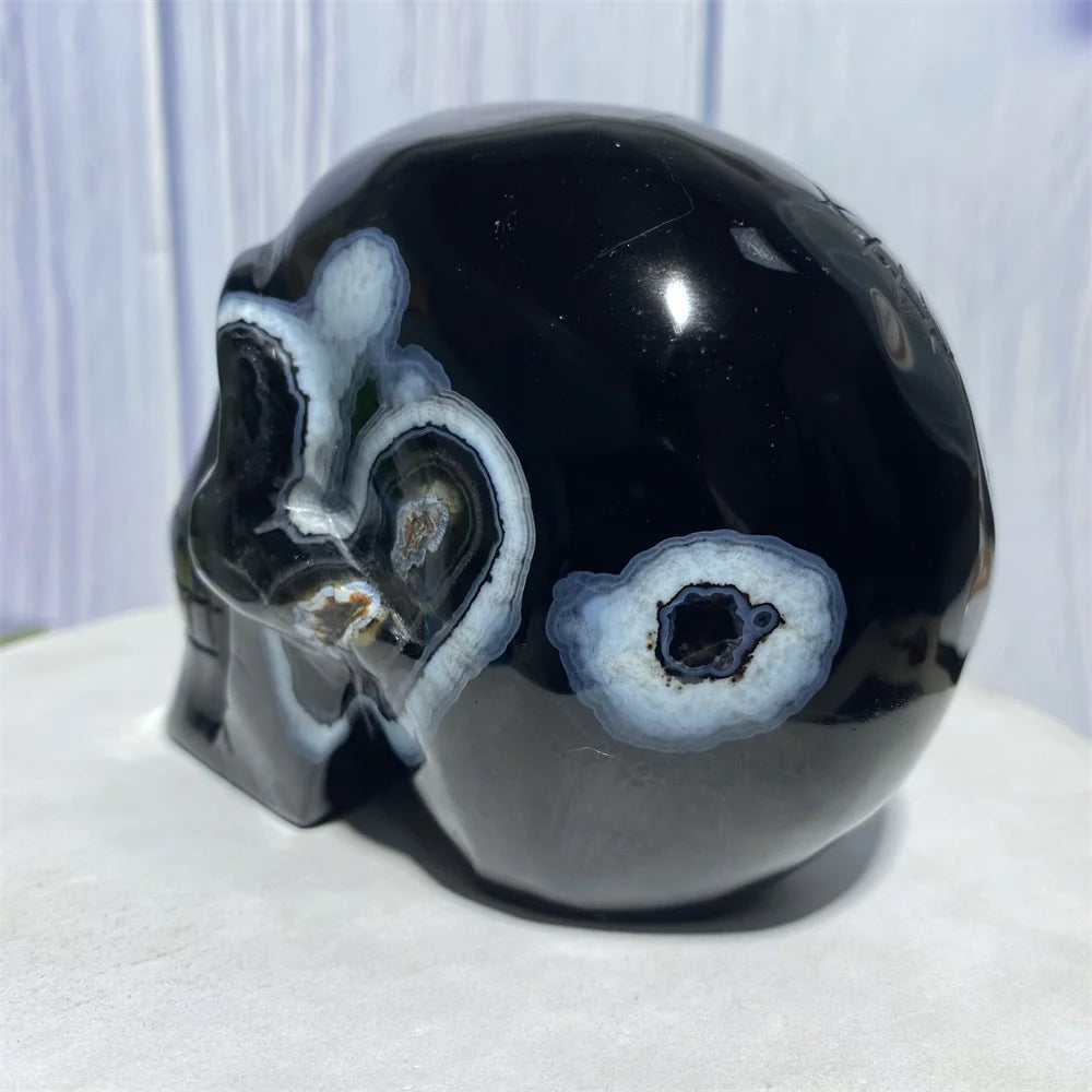 1002g Natural Black Onyx Crystal Agate Skull Raw Stone Quartz Handmade Sculpture - Spiritual Healing, Meditation, Reiki Energy, Home Decor Gift for Yoga & Feng Shui
