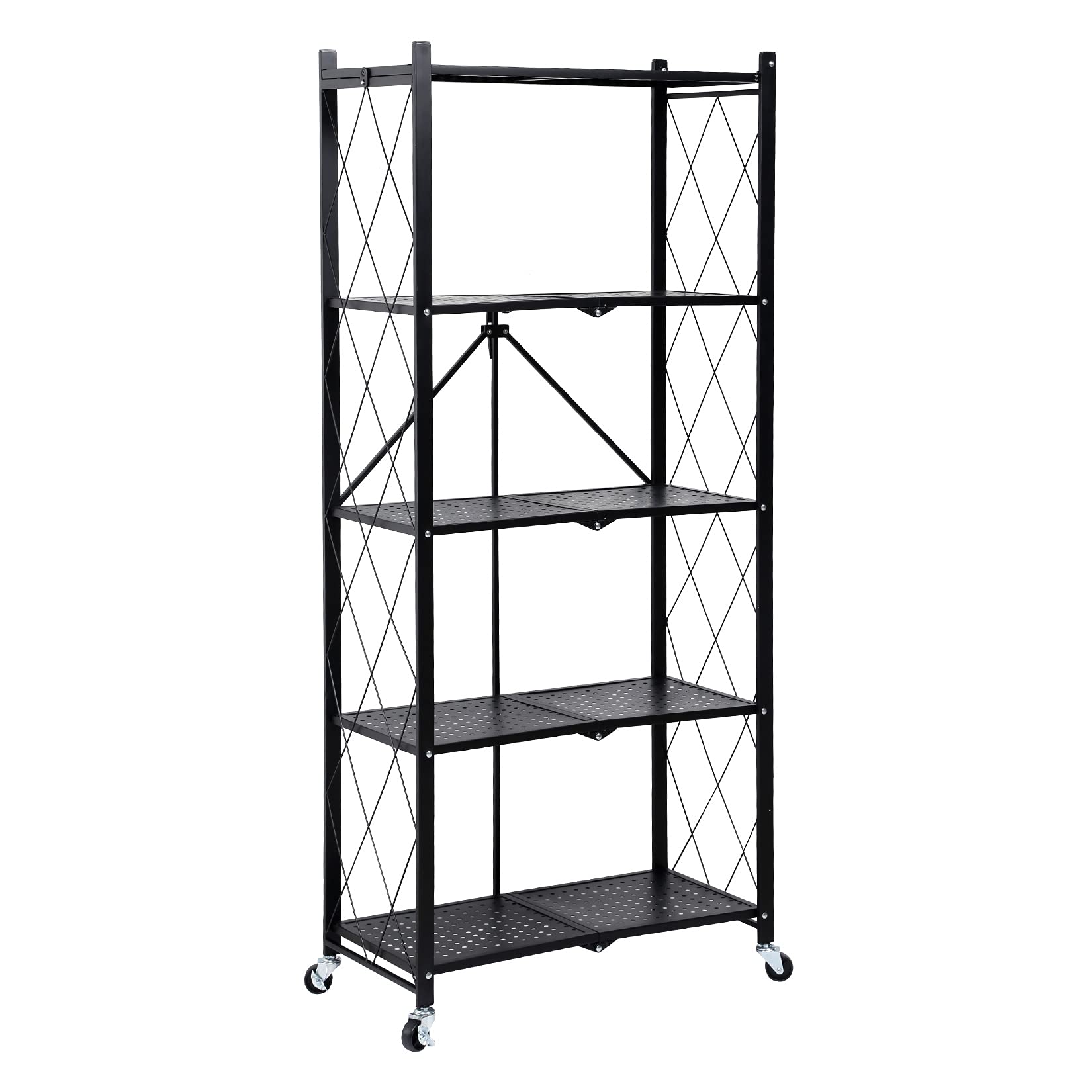 Simple Deluxe 5-Tier Heavy Duty Foldable Metal Storage Shelf with Wheels - 1250 lbs Capacity Black Organizer Rack for Garage, Kitchen, Warehouse & Office - Space Saving Mobile Shelving Unit (1-Pack)