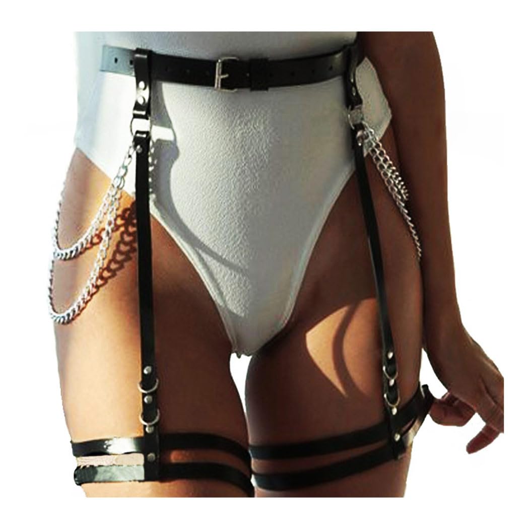 Black Leather Punk Waist Chain & Leg Harness Belt - Gothic Body Jewelry for Women | Rave Outfits, Party Accessories, Festival Fashion, BDSM Style, Fetish Wear