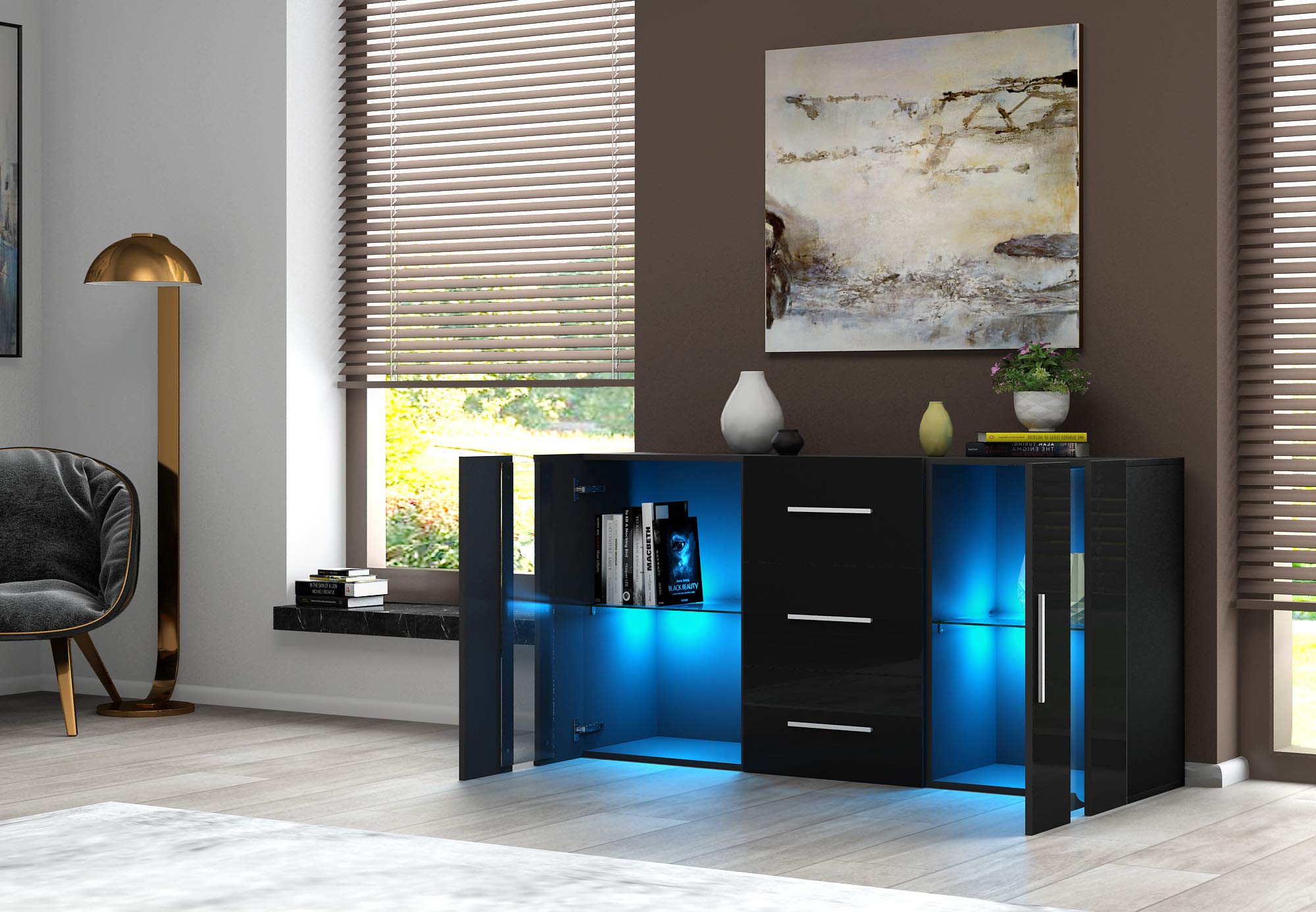 Modern Sideboard with High Gloss Front & RGB LED Lights - Storage Cabinet with Drawers & Doors for Living Room, Hallway - Black (Perfect for Home Decor & Entertainment Setup)