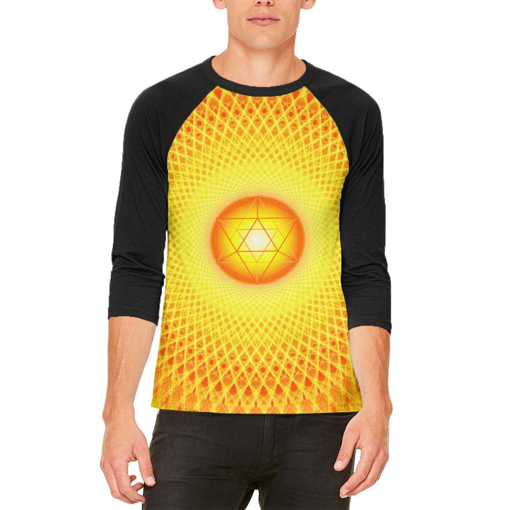 Old Glory d20 Icosahedron Fire Mandala Mens Raglan T-Shirt | Tabletop Gaming, RPG Enthusiast & Geek Fashion Apparel
