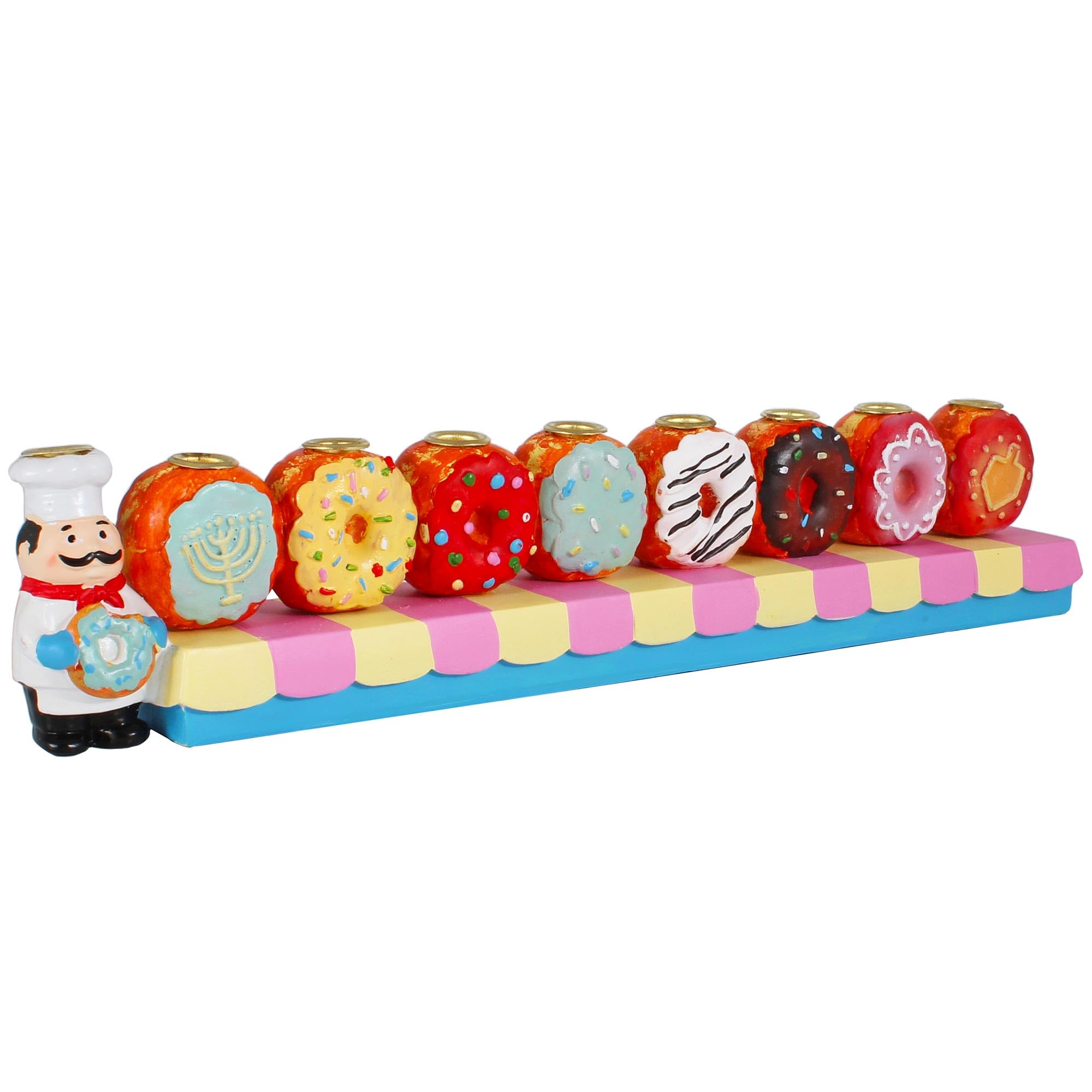 Hand-Painted Baker & Doughnuts Children's Candle Menorah - Traditional Chanukah Sofganiyot Design Fits Standard Hanukkah Candles - Collectible Hanukkiyah by Zion Judaica - Perfect for Kids' Hanukkah Celebrations & Jewish Holiday Decor