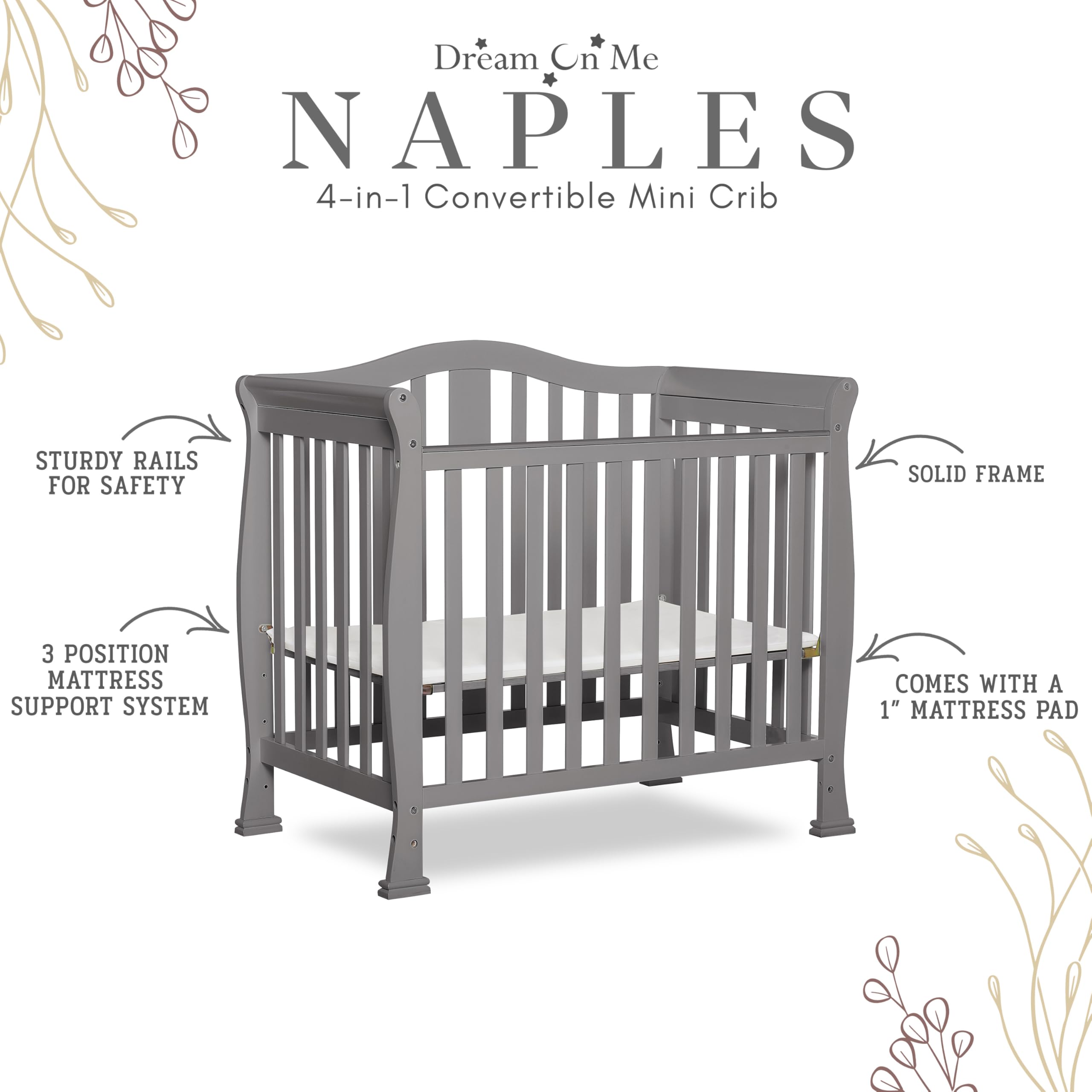 Dream On Me Addison 4-in-1 Convertible Mini Crib - Steel Grey | Greenguard Gold Certified | Non-Toxic New Zealand Pinewood | Includes 1