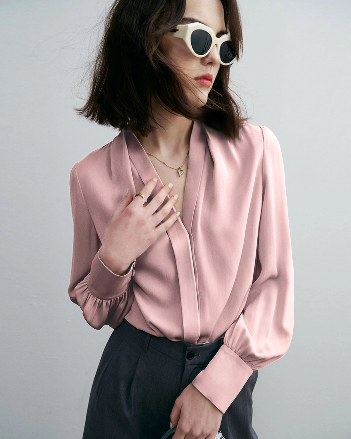 Elegant Deep V Neck Silk Blouse for Women - Luxury Satin Blouse for Office, Party & Date Night - Flowy Long Sleeve Silk Top for Professional & Evening Wear