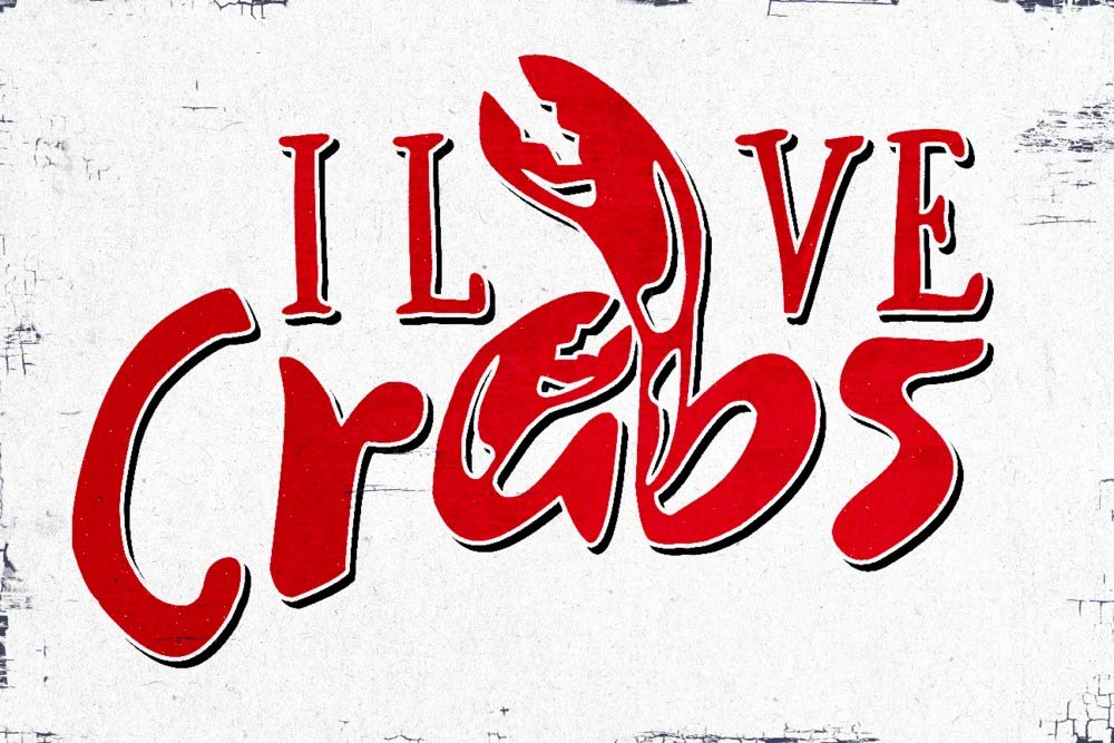 I Love Crabs Typography Metal Wall Art - 16x24 Gallery Quality Aluminum Sign for Home, Office & Bar Decor - Perfect for Kitchen, Living Room & Man Cave