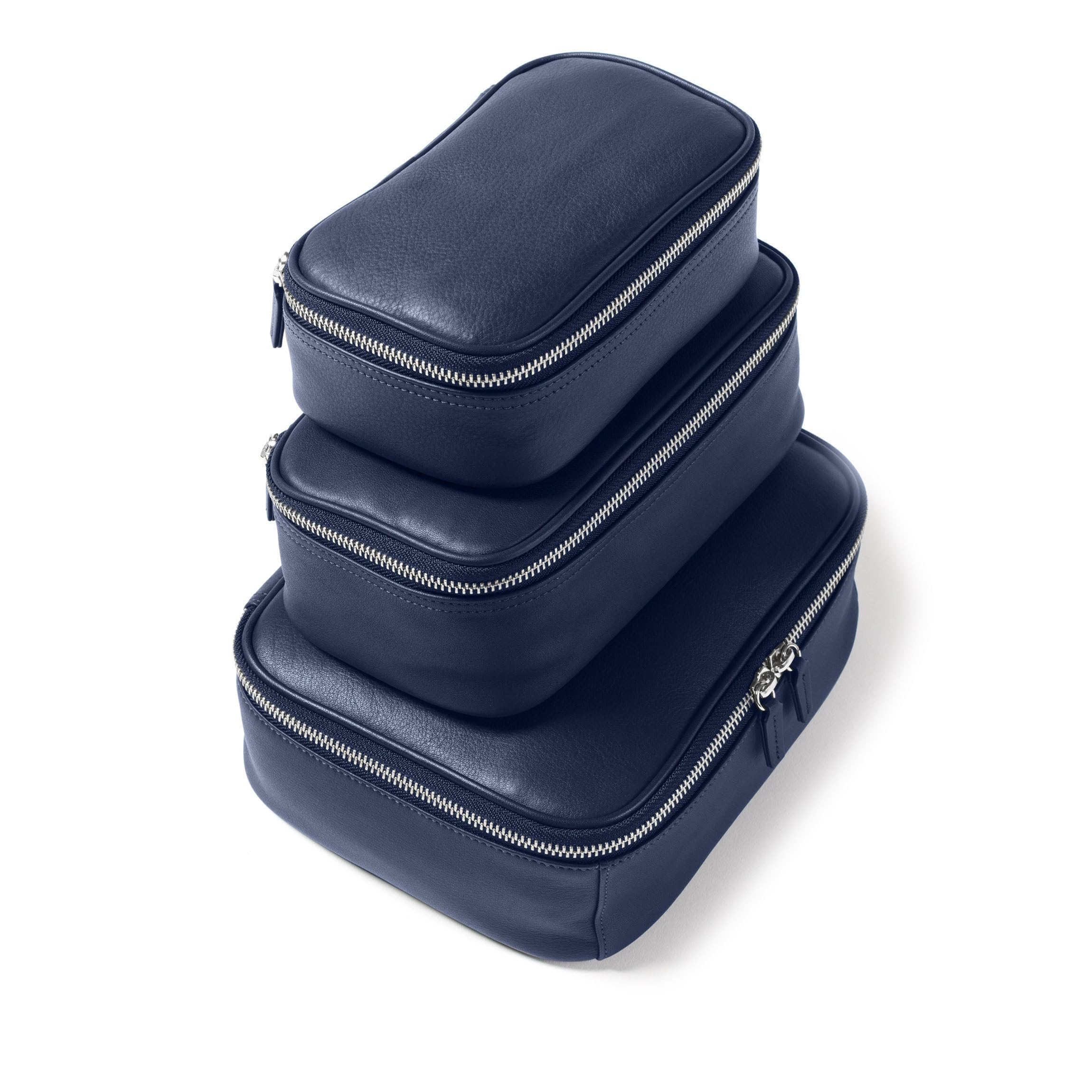 Leatherology Navy Blue Nested Travel Organizer Trio Set - Premium Leather Toiletry Bag, Jewelry Case & Cosmetic Pouch for Women & Men - Perfect for Air Travel, Business Trips & Weekend Getaways