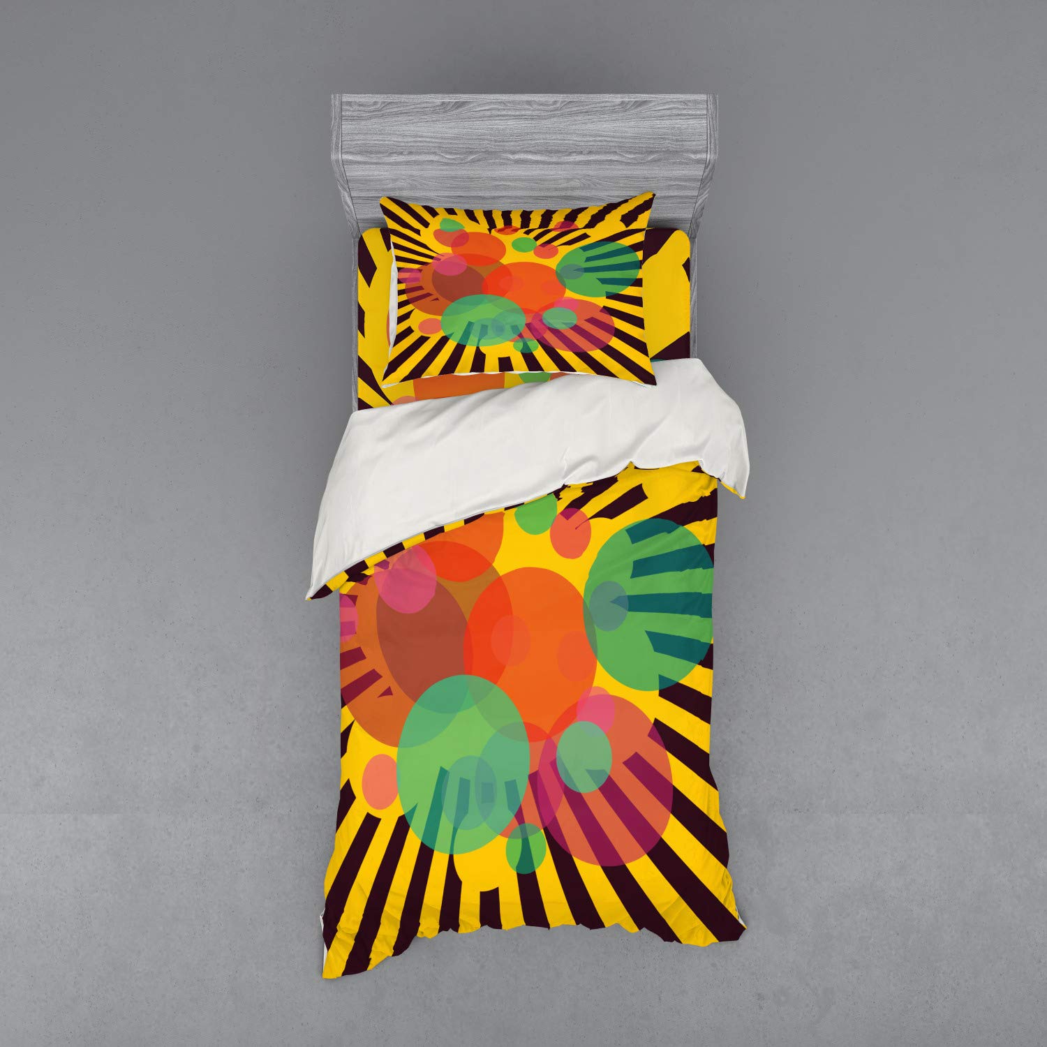 Ambesonne Retro Duvet Cover Set - Vintage Abstract Circular Stripes Design, 3-Piece Bedding Set with Pillow Sham & Fitted Sheet, Twin Size, Multicolor - Perfect for Boho Bedroom Decor & Guest Room Styling