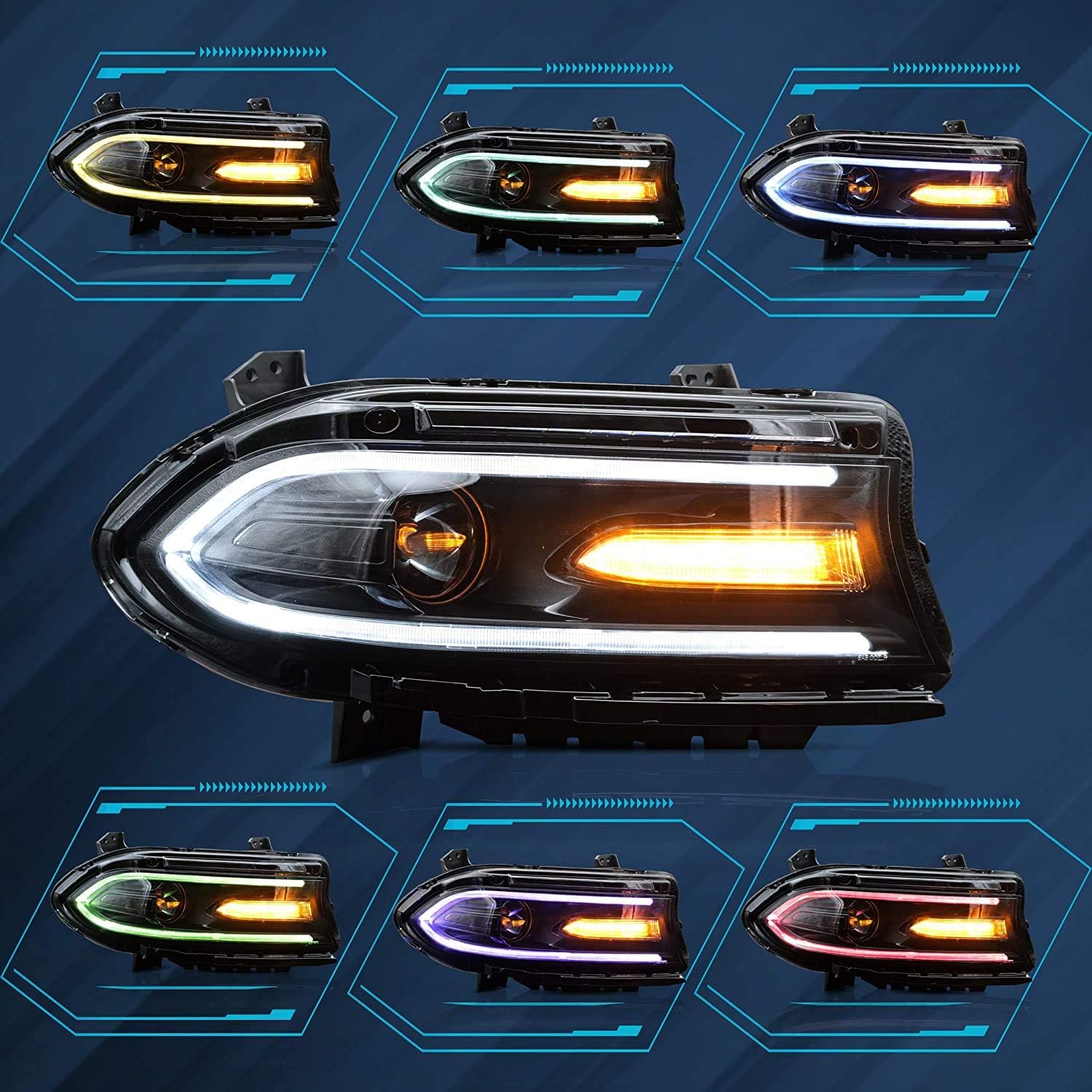 VLAND LED Headlight Assembly for Dodge Charger 2015-2020 - Multicolor DRL, Dual Beam Lens, Turn Signal, Plug & Play - Perfect for Night Driving & Car Upgrades (Not for Xenon/2021 Models)