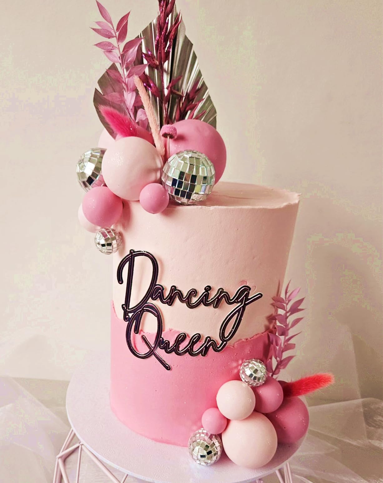 JeVenis Pink Disco Ball Cake Topper - 80s Themed Dancing Queen Cake Decorations with Silver Balls | Perfect for Birthday Parties, Bachelorette Cakes & Retro Celebrations