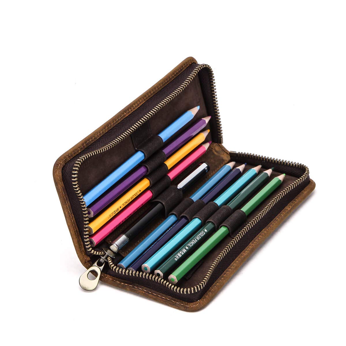 Premium Hiram Leather Pencil Case - Genuine Crazy Horse Cowhide Pouch for School, Office & Travel | Durable Coffee-Colored Leather Cosmetic & Stationery Organizer | Perfect for Students, Artists & Professionals