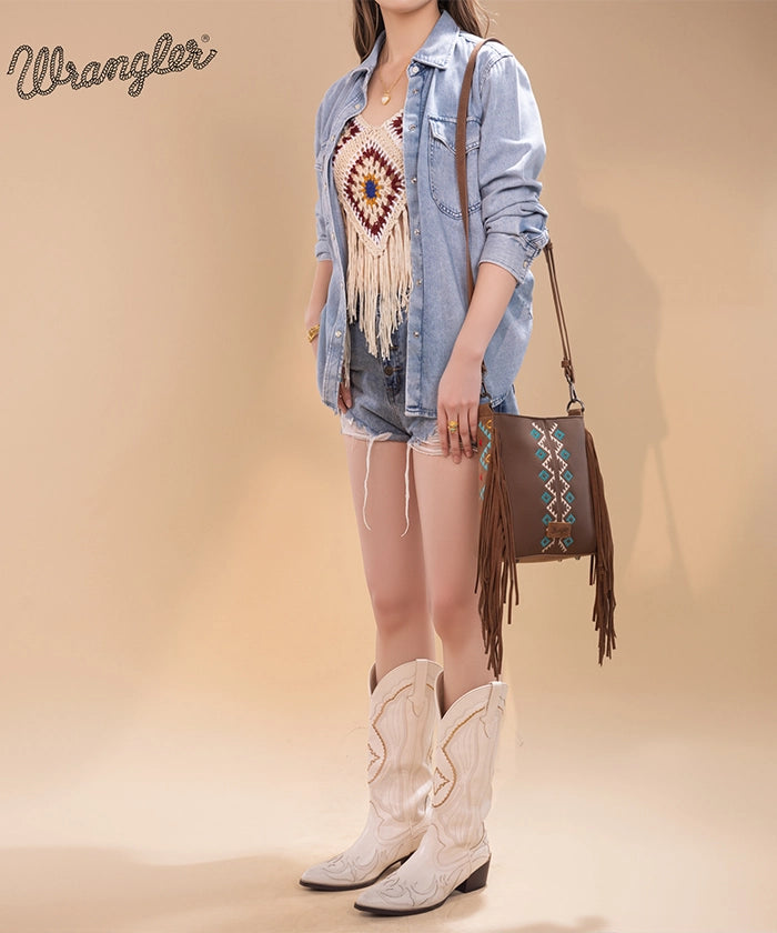 Wrangler Aztec Embroidered Fringe Crossbody Bag for Women - Boho Chic Handbag Perfect for Music Festivals & Everyday Use