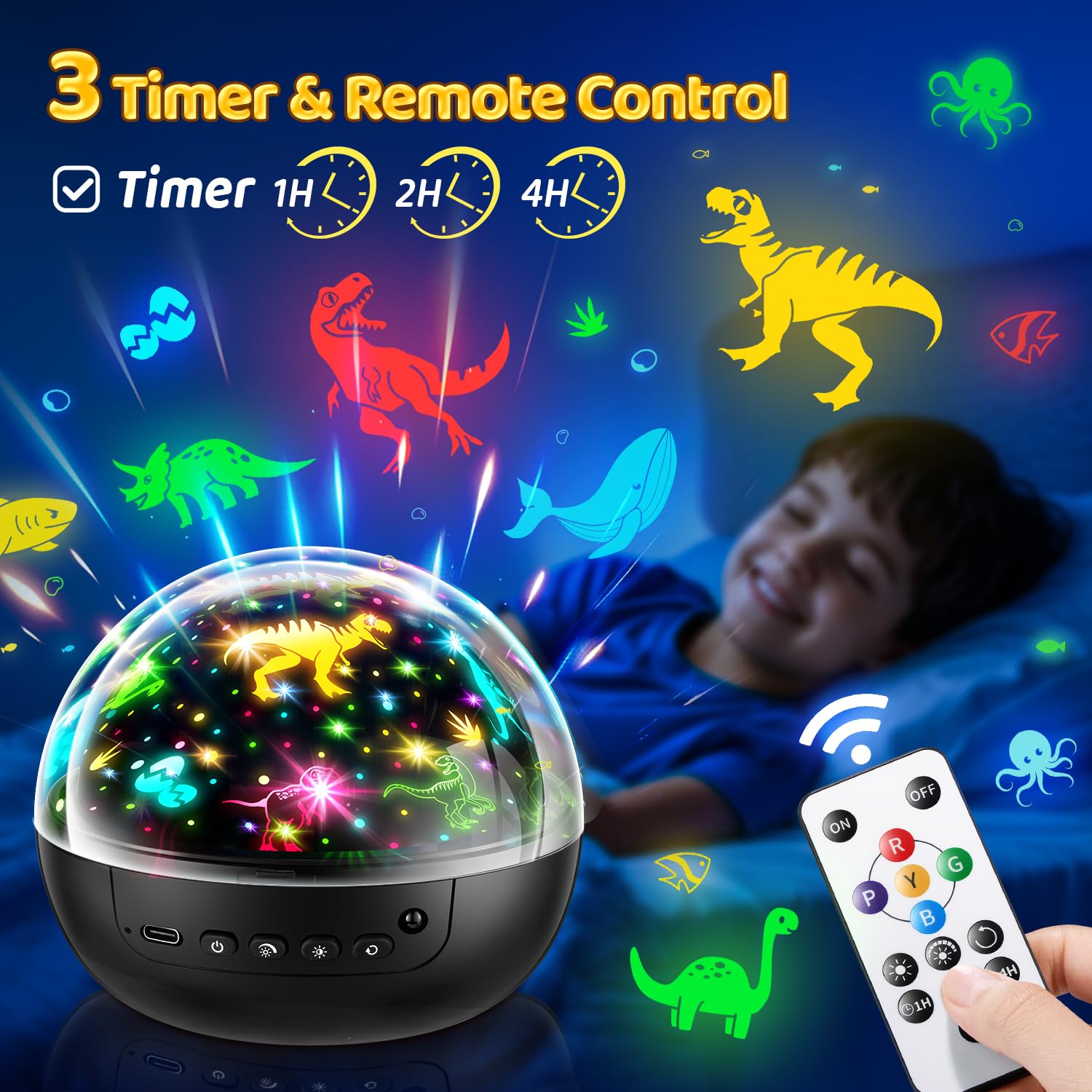 Remote Control Dinosaur Toys for Kids Ages 2-7 with 3 Films & 93 Effects - Rotating Night Light Projector with 3 Timer Settings & 5 Brightness Levels - Perfect for Bedtime, Playtime, and Room Decor