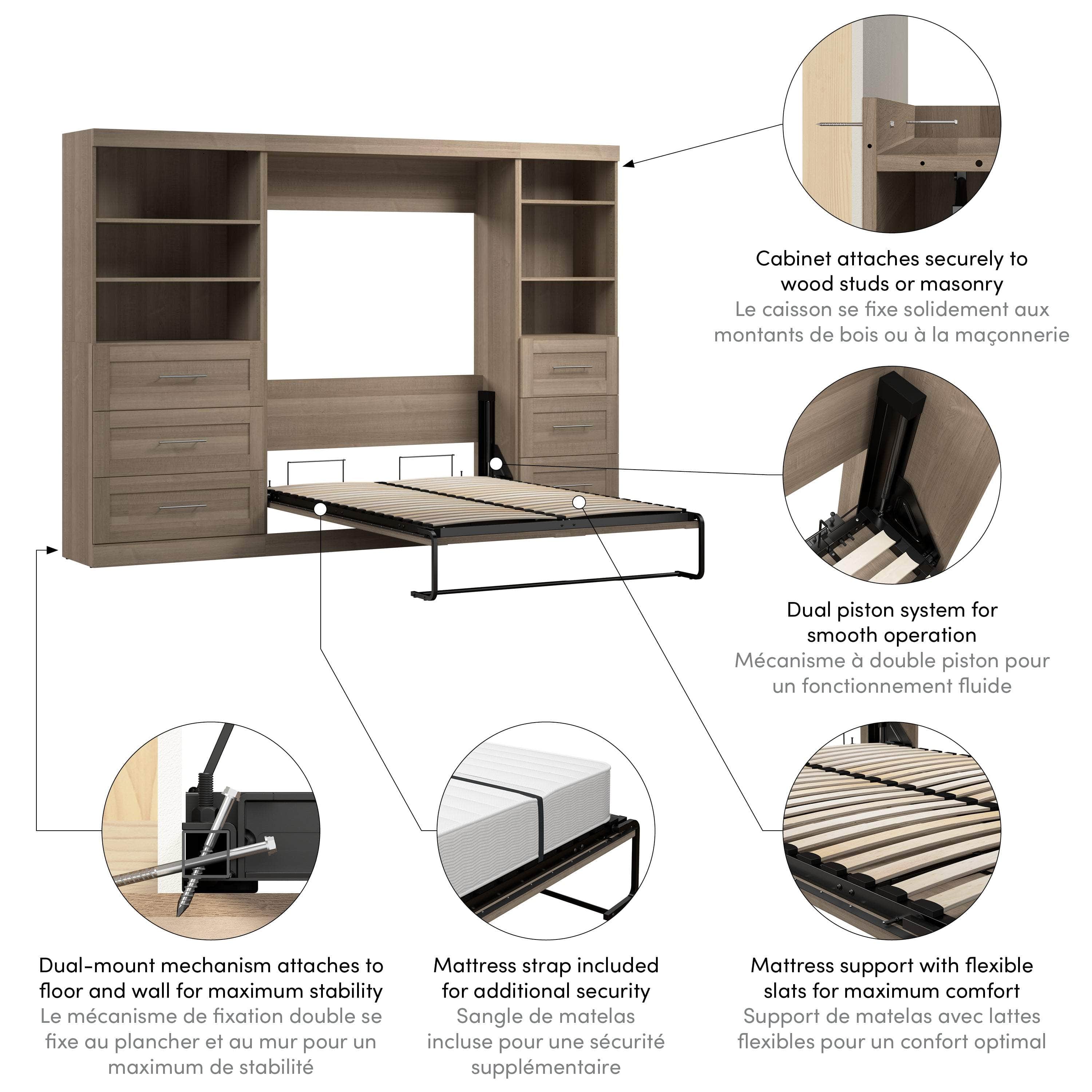 Pur Full Murphy Wall Bed with 2 Storage Units & Drawers (120 Inch) - 5 Color Options | Space-Saving Wall Bed for Small Apartments & Guest Rooms