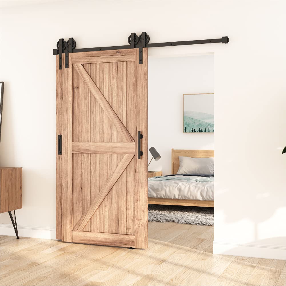 ZEKOO 12 FT Bypass Sliding Barn Door Hardware Kit - Single Track System for Double Wooden Doors - One-Piece Rail Flat Track Roller with Spoke Wheel Style - Perfect for Farmhouse, Rustic, and Modern Home Decor (12 Feet)