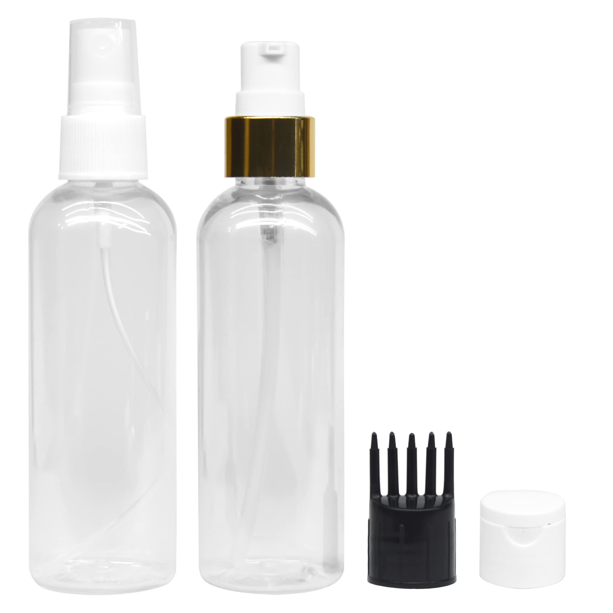 MAPPERZ 2-Pack Refillable Cylindrical Bottles Set - Includes 1 Pump Dispenser, 1 Spray Atomizer, 1 Root Comb Applicator & Flip Top Cap - Perfect for Perfume, Liquids, Shampoo, Body Wash - Travel & Home Use