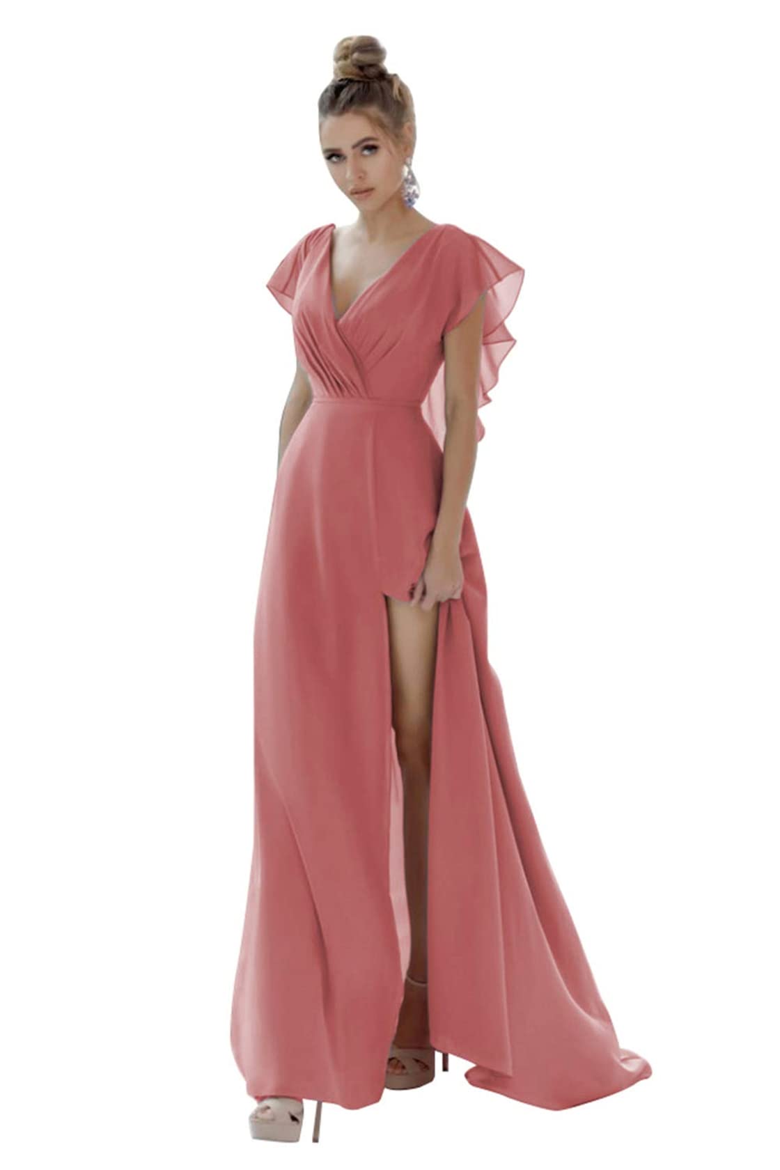 Elegant V-Neck Chiffon Bridesmaid Dresses for Weddings - Long Formal Evening Gowns with Side Slit | Perfect for Wedding Parties, Proms & Special Occasions