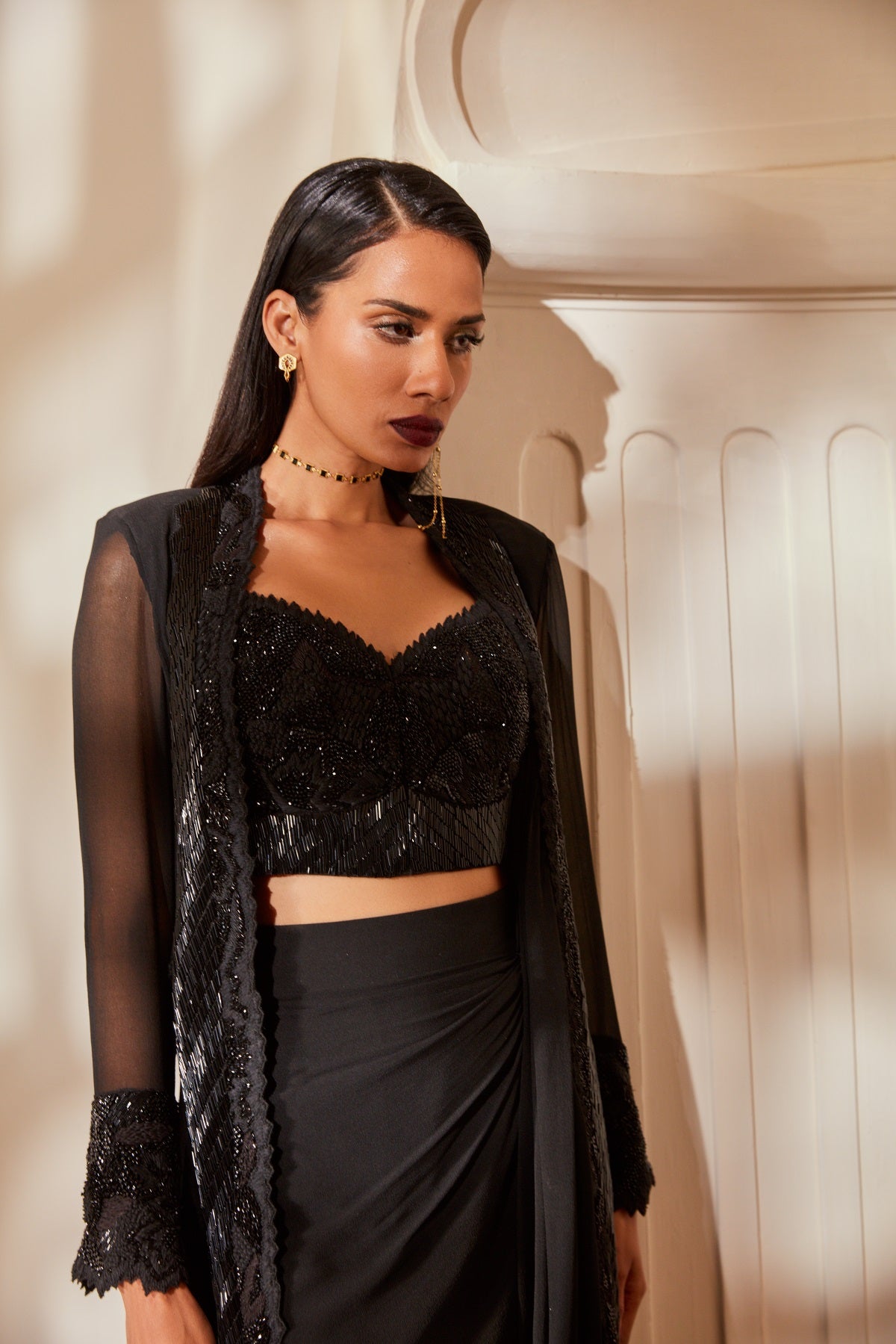 Elegant Black Pleated Drape Skirt Set with Blouse & Jacket - Noir Glass Bead Embroidery for Women | Perfect for Office Wear, Evening Parties & Special Occasions