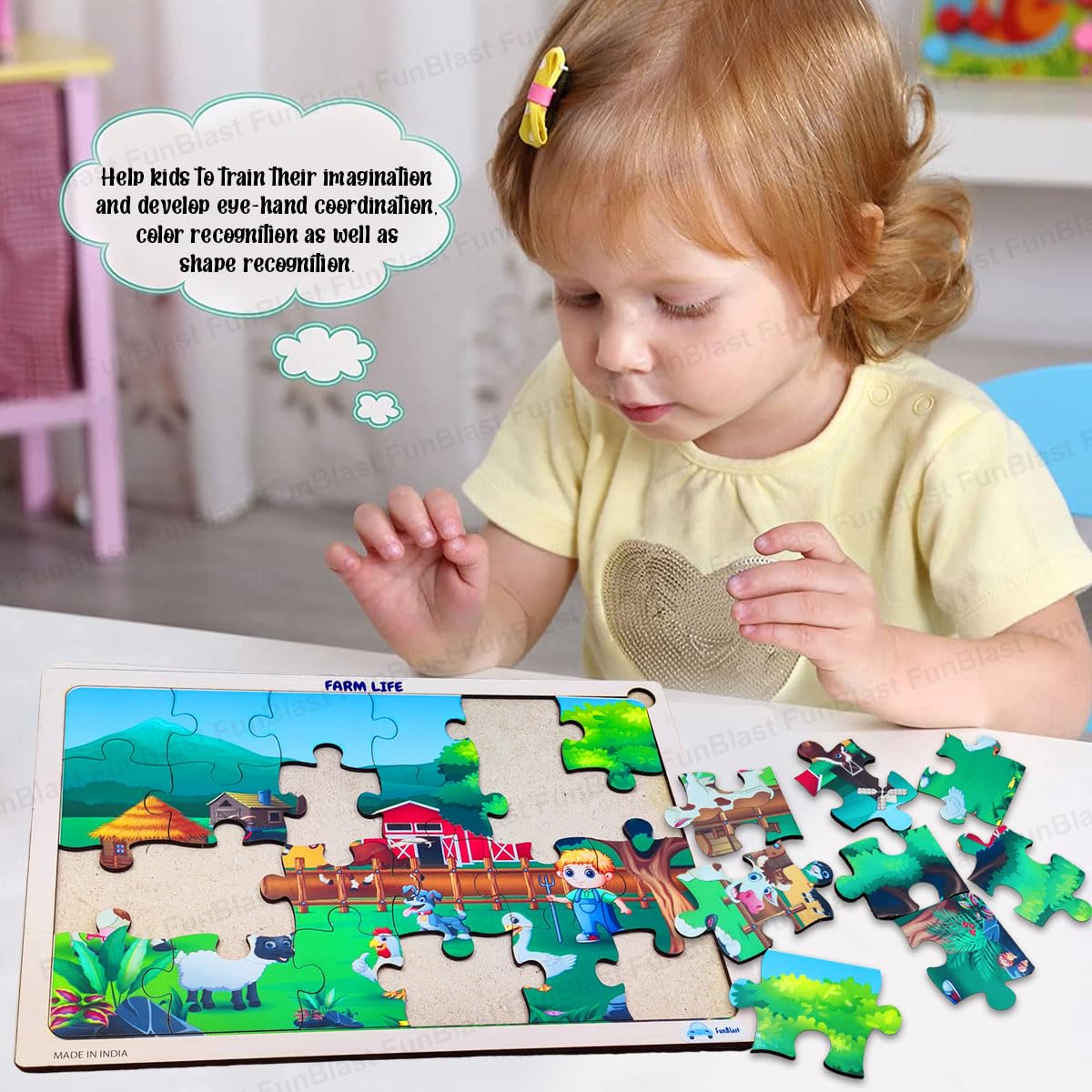 FunBlast 24-Piece Farm Life Wooden Jigsaw Puzzle for Kids Ages 3-5 - Educational Learning Toys for Toddlers, Floor & Tabletop Puzzle Games for Preschool Classroom or Home Playtime