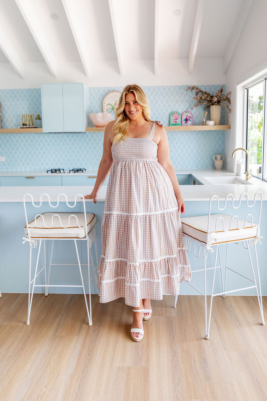 Allegra Maxi Dress in Beige & White Gingham - Flowy Summer Dress for Women, Beach Cover Up, Casual Day Out