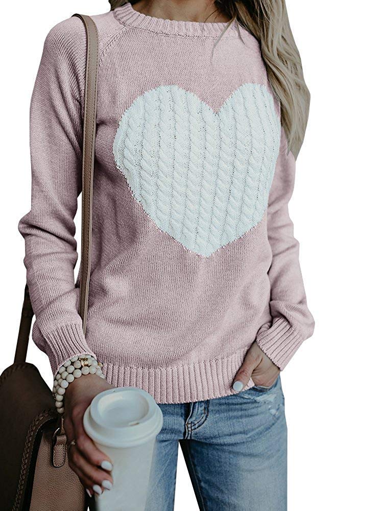 EC ELEGANTCHARM Women's Knitted Pullover Sweater - Long Sleeve Crewneck Heart Patchwork Jumper Cozy Top for Fall & Winter | Perfect for Office, Date Night & Casual Outfits