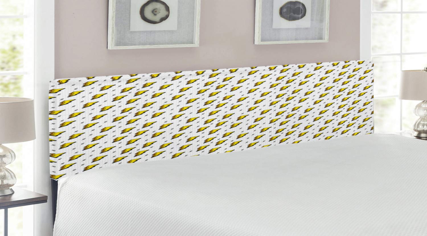 Ambesonne Vintage 80s Thunder Bolts Abstract Upholstered Headboard - King Size Metal Bed Frame with Memory Foam in Yellow Black White Retro Design | Perfect for Modern Bedroom Decor & Guest Room Styling