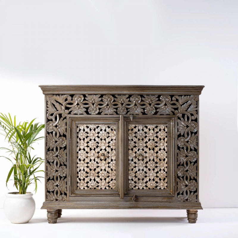 Exquisite Hand-Carved Floral Two-Door Wooden Cabinet | Authentic Indian Furniture for Living Room & Bedroom Decor