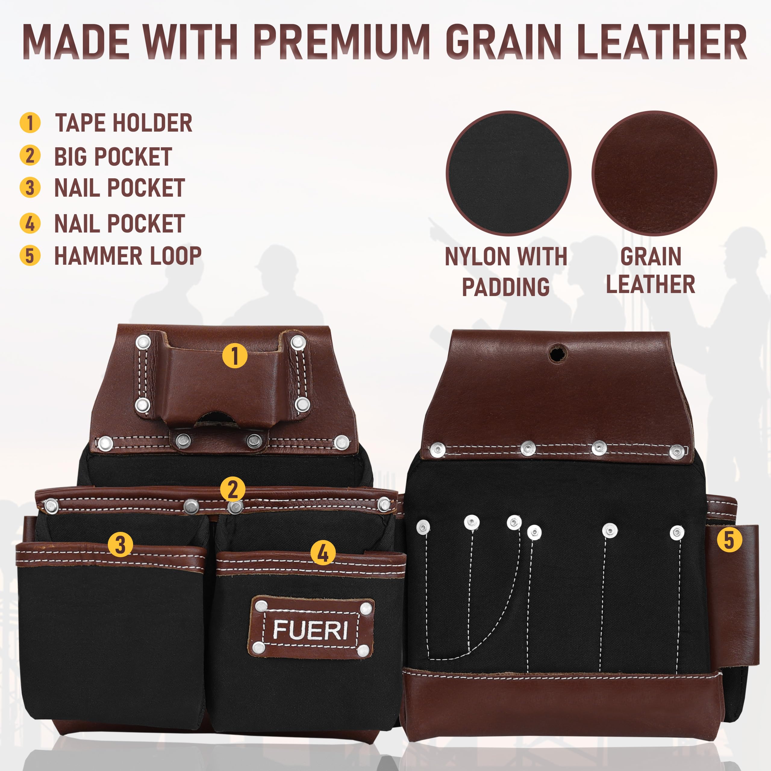 FUERI Heavy Duty Nylon & Leather Tool Belt for Men - Carpenter, Electrician, Construction Work Belt with Multiple Pouches & Organizer (Black/Brown) - Perfect for Framing, Renovation & DIY Projects