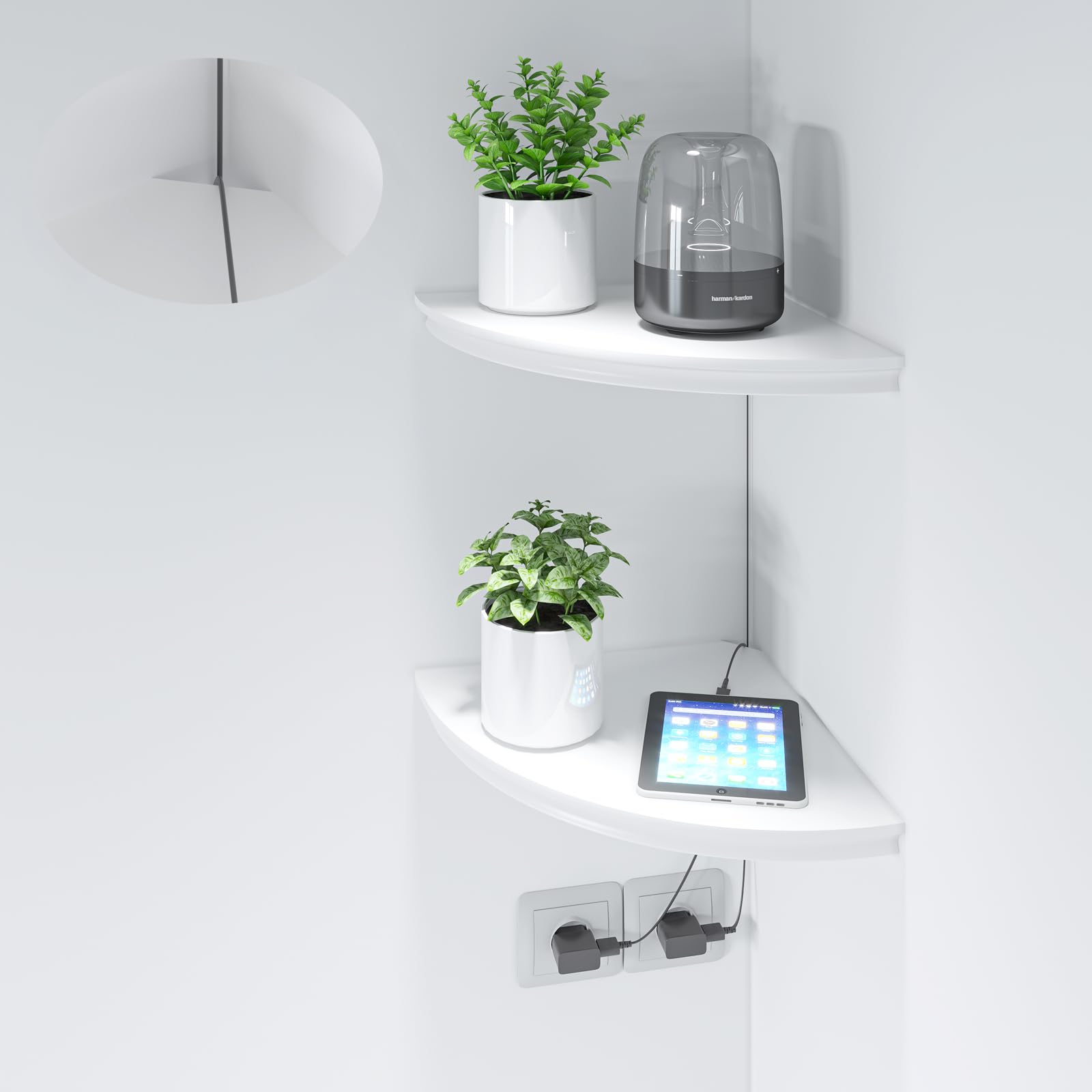 HAO Floating Corner Shelf Set of 2 - 17 Inch Invisible Wall Mounted Shelves with Radial Cable Hole Pattern - White - Perfect for Bedroom, Bathroom, Living Room & Kitchen - Space Saving Storage for Small Spaces, Home Decor & Organizing Essentials